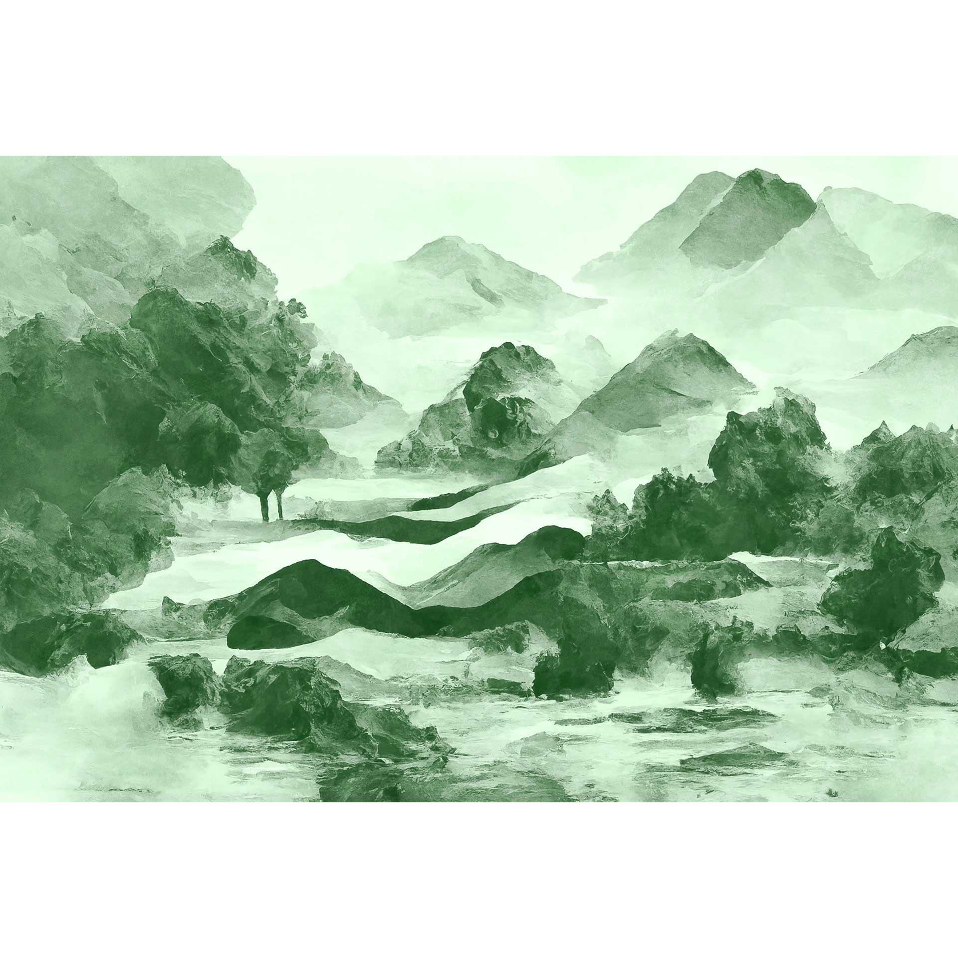 groen aquarel behang berglandschap - vliesbehang natuur