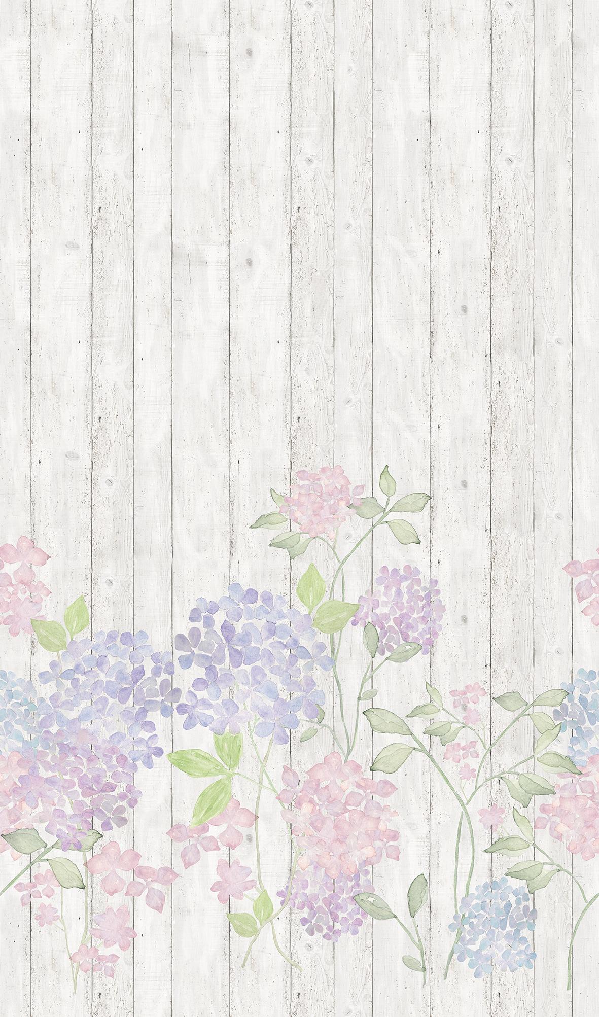 Fotobehang met kleine bloemen op houten schutting Grijs, houteffect 2,70 x 1,59 m