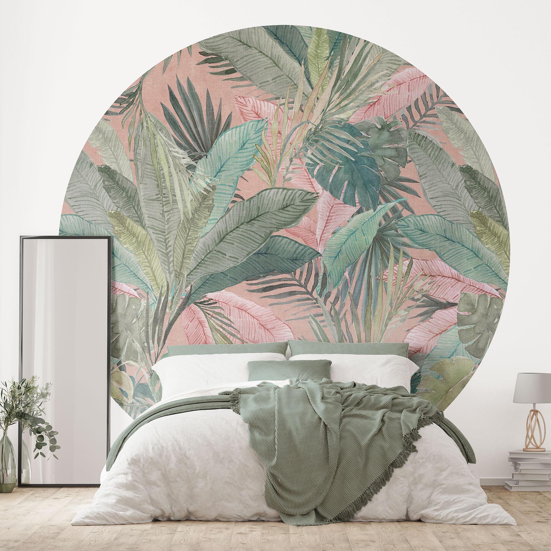 Fototapet tropiske blade i junglen pink - Bloomery Decor - Rundt - Selvklæbende/ikke-vævet