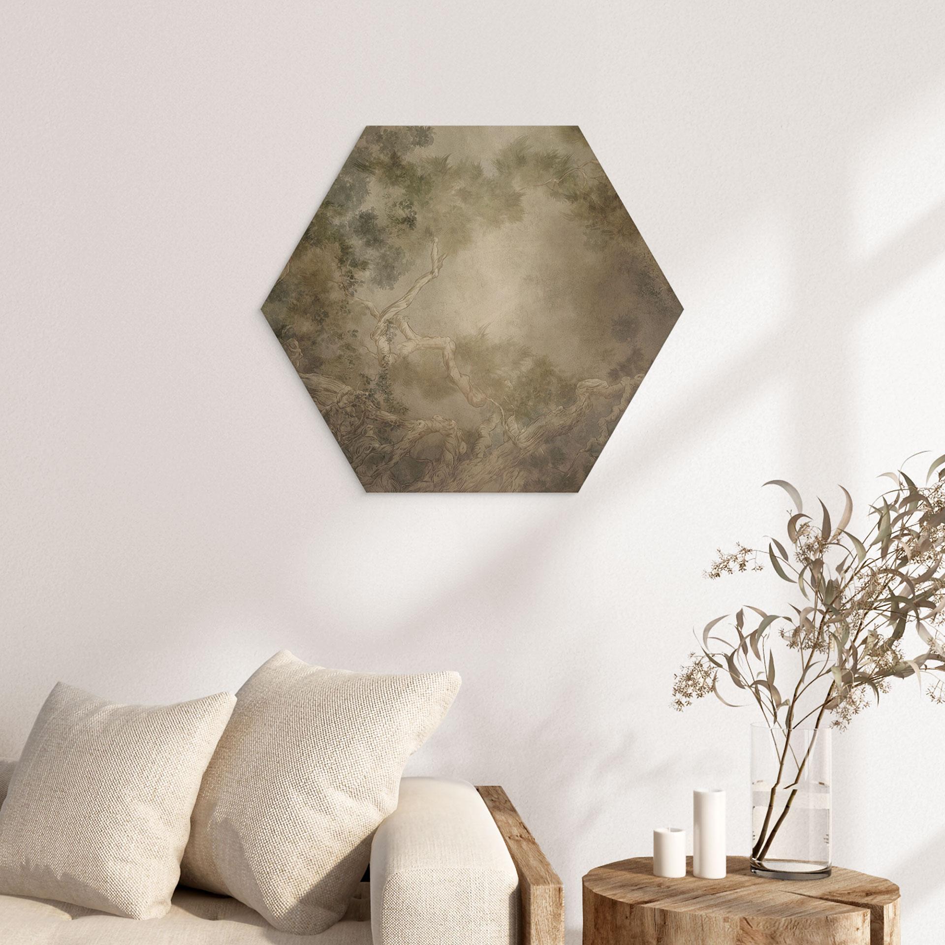 Hexagon Holzbild Wald mit Blick in die Baumwipfel - Ms Tiff