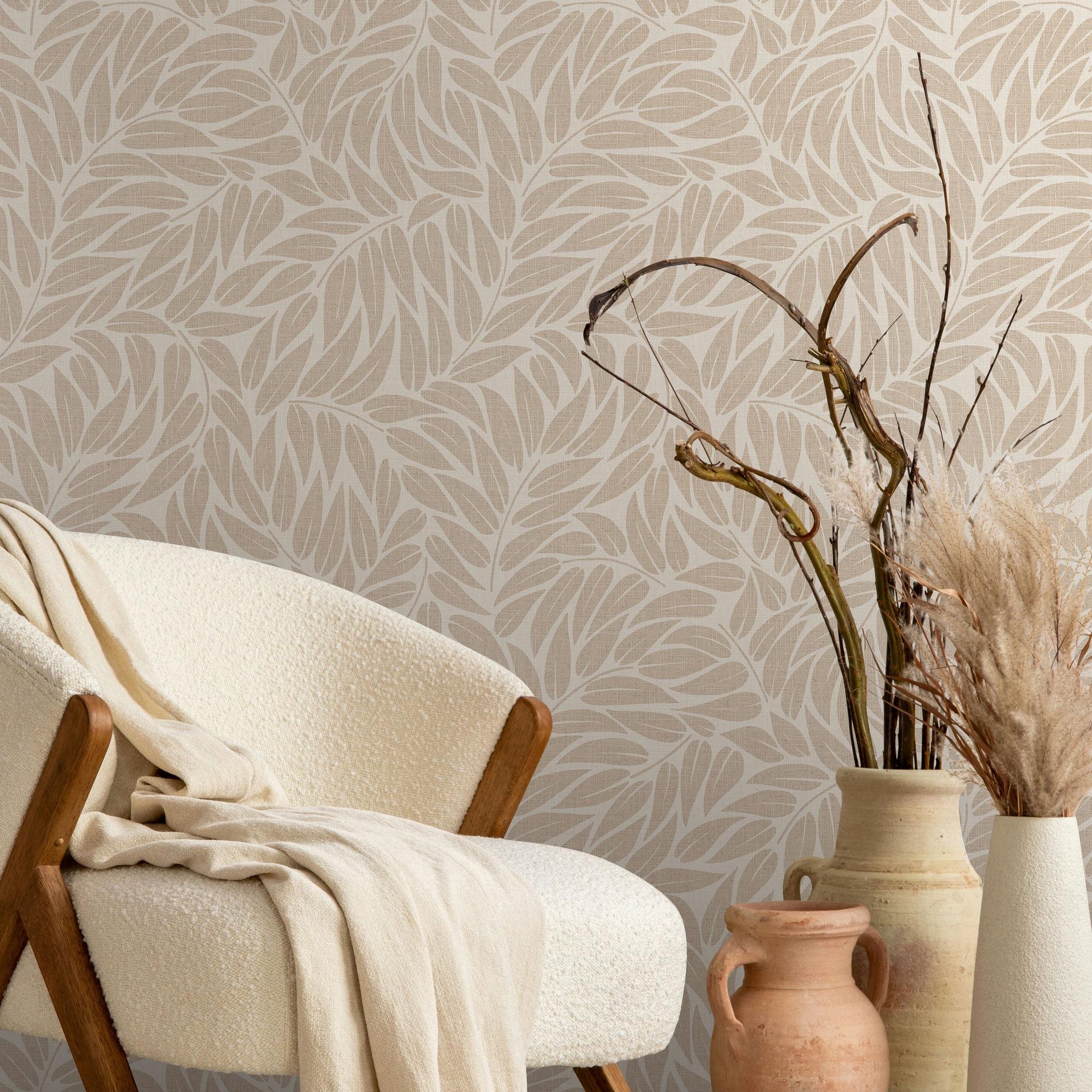 Vliesbehang bladeren bloem natuur mat in beige bruin