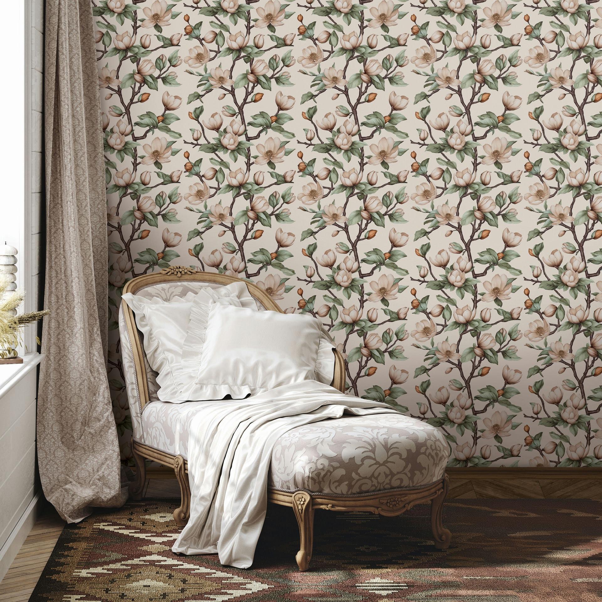 Vliesbehang takken, bloemen bloemen natuur mat in beige bruin groen