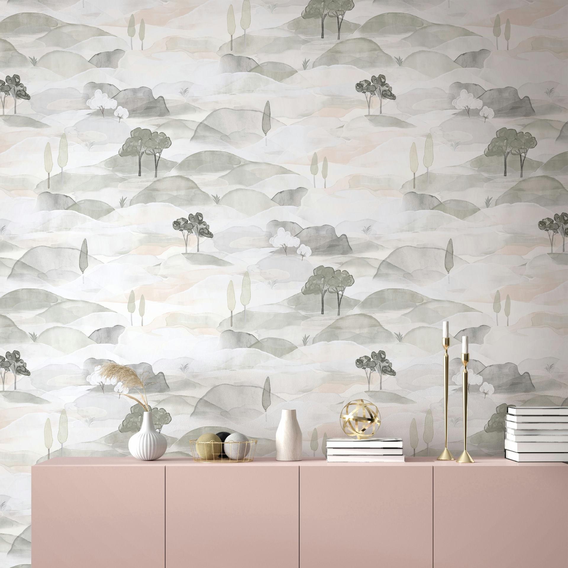 Vliesbehang landschap grafisch natuur mat in grijs wit