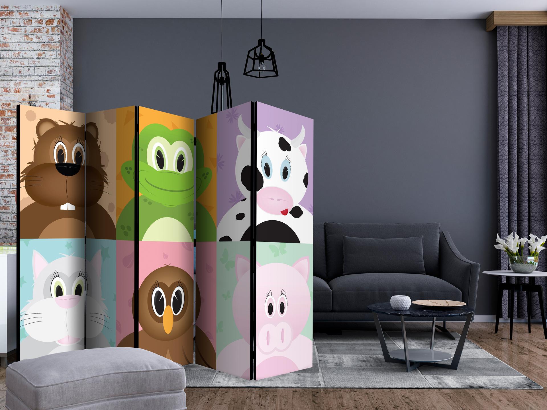 Schermo divisorio - Animali felici , 5 pezzi - 225x172 cm