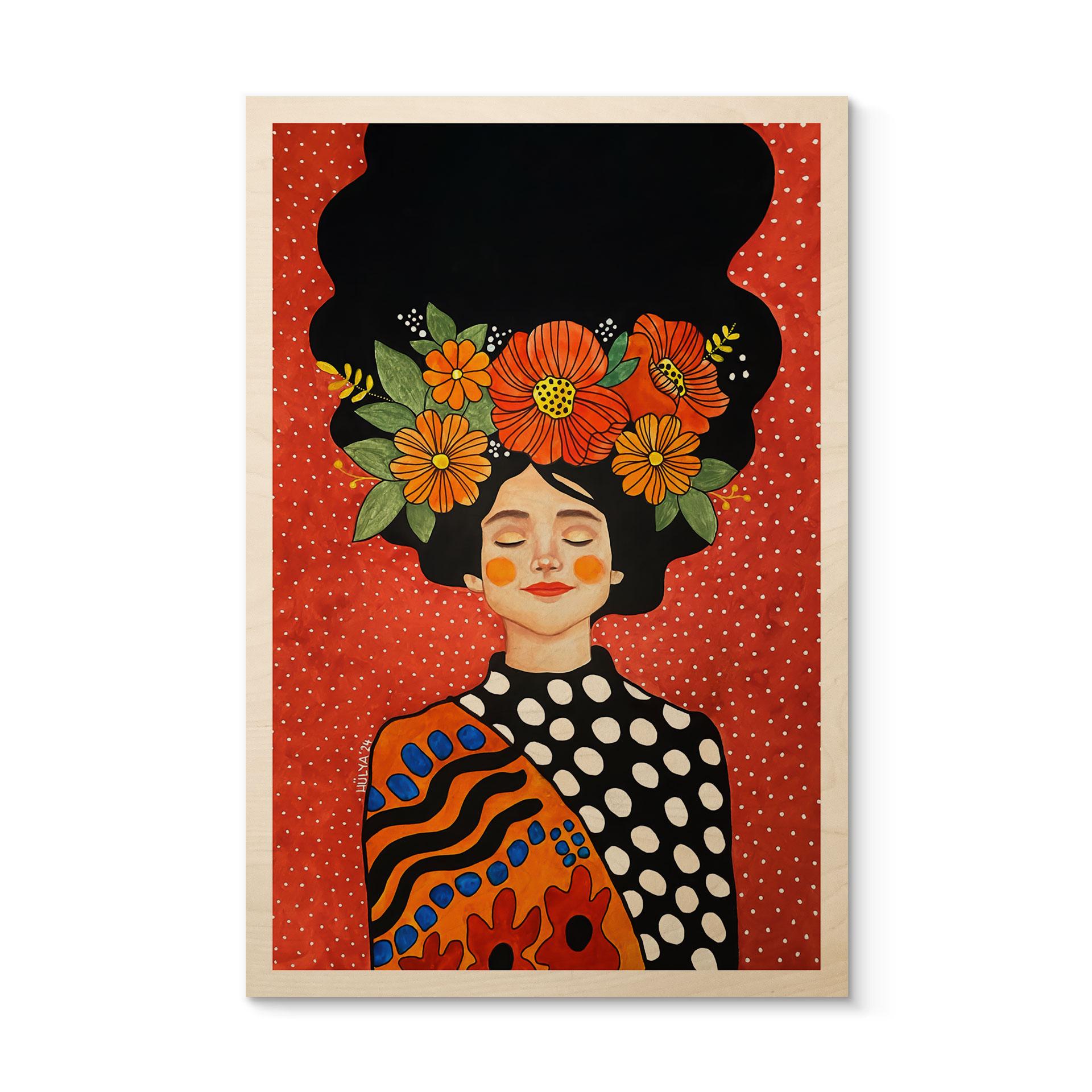Billede af træ Smilende kvinde med orange blomster - Hülya