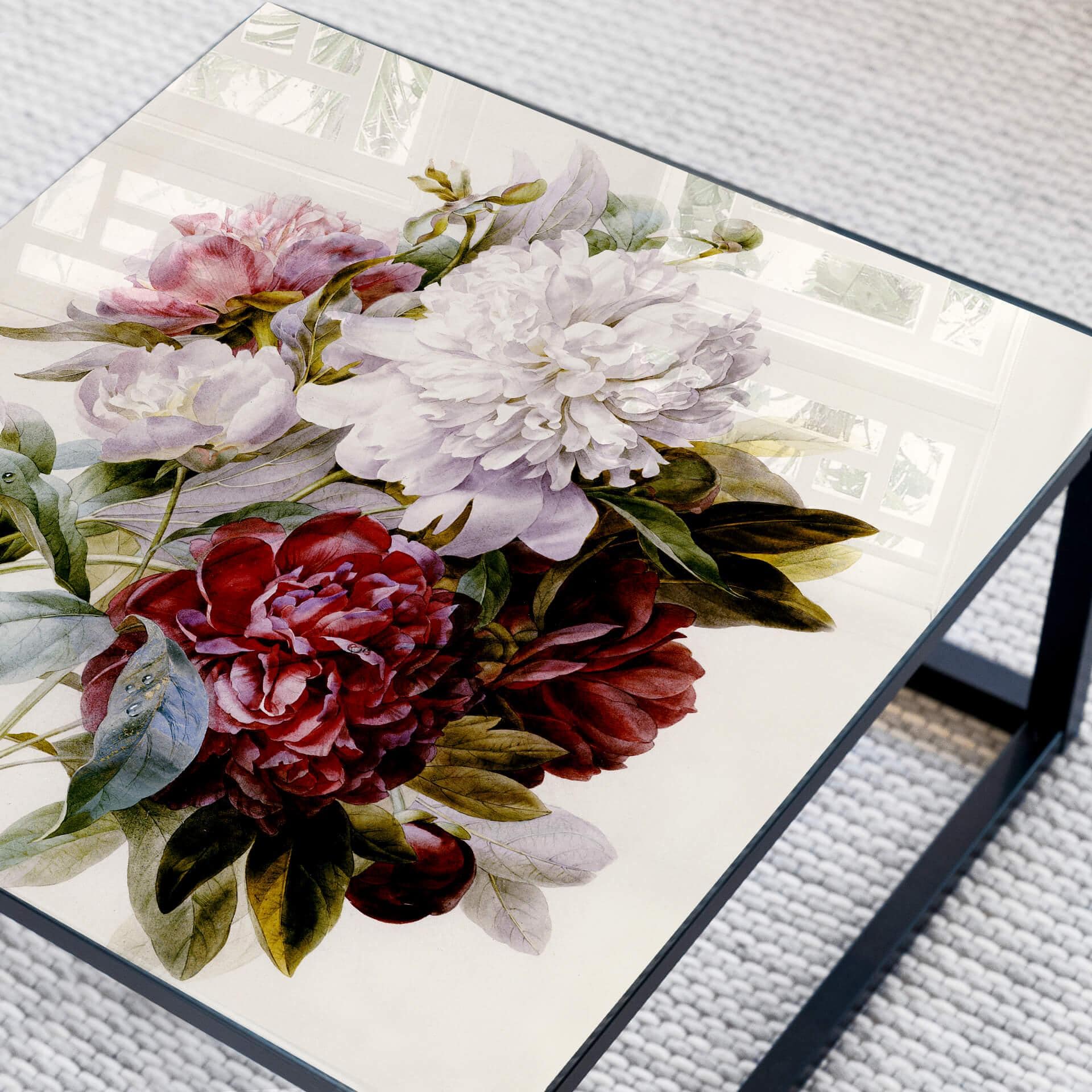 Plateau de table en verre - Redouté - Bouquet de fleurs rouges - Carré