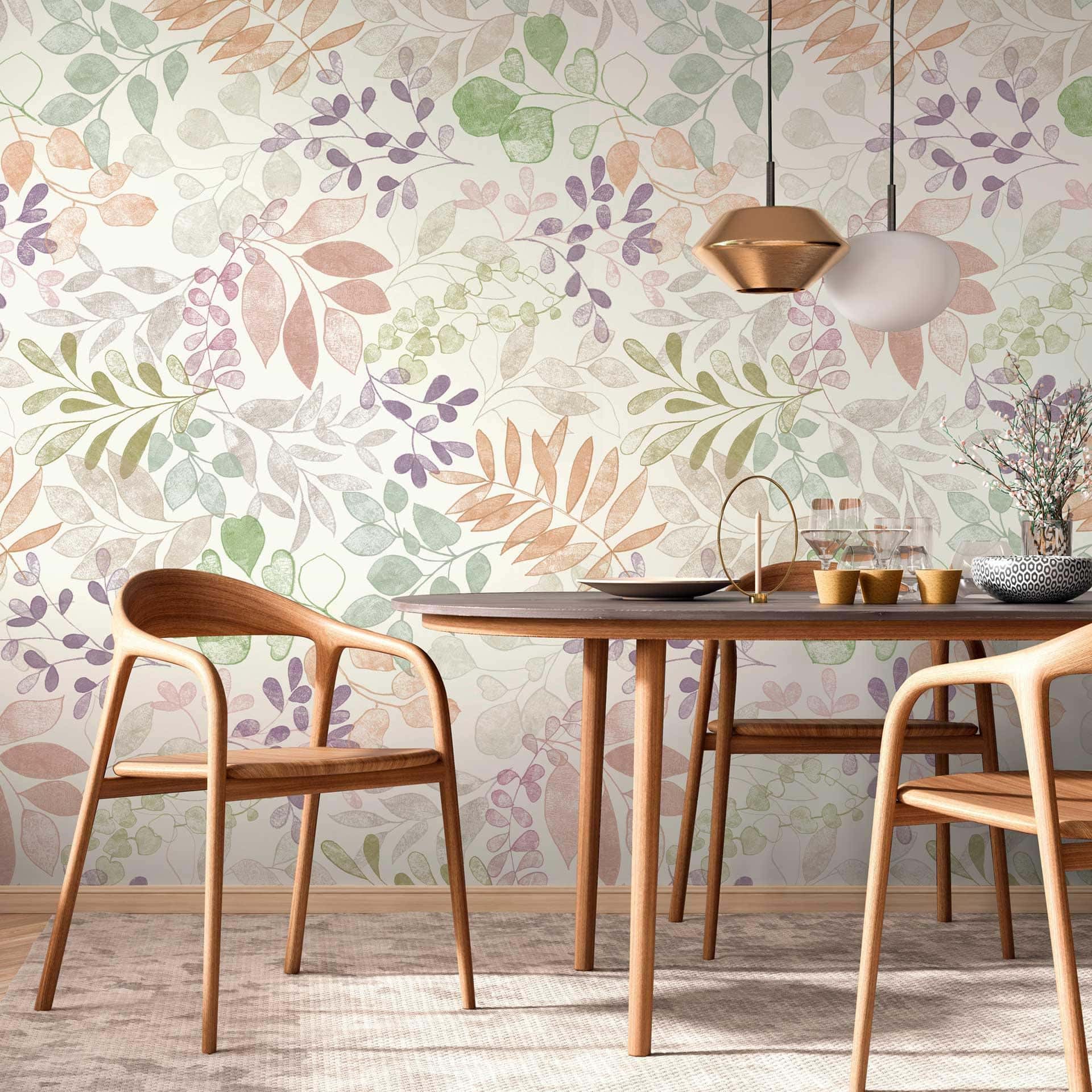 Ikke-vævet tapet med bladmønster i pastelfarver - blomstret fototapet - naturdesign