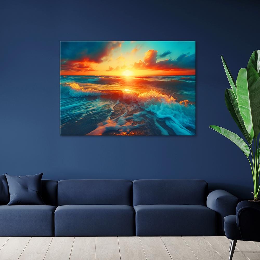 Canvasbillede, Solnedgang og havets bølger