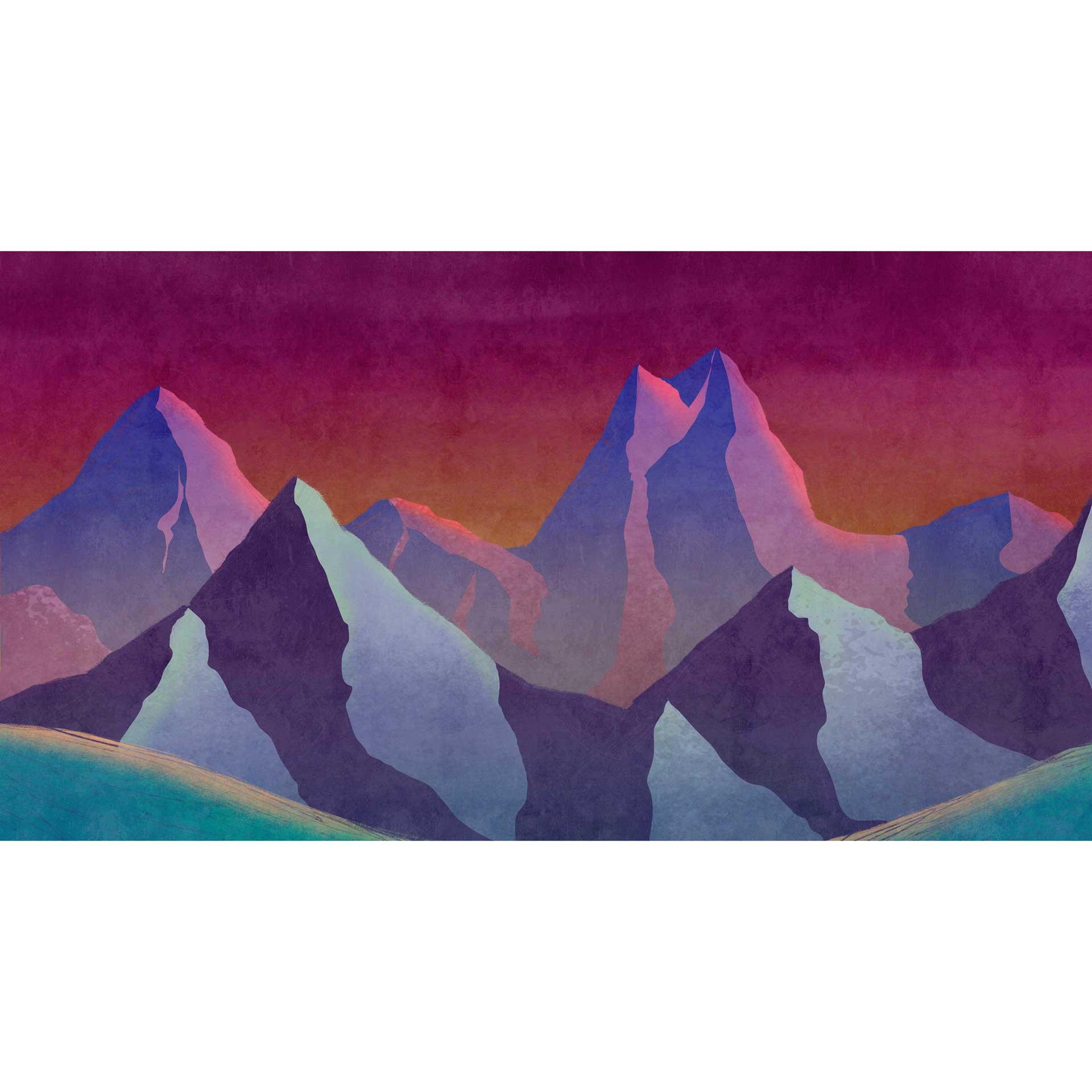 Berglandschap fotobehang in aquarel - vliesbehang met schilderachtige zonsondergang