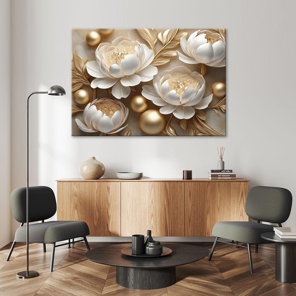 Canvasbillede, 3D guld glamour blomster