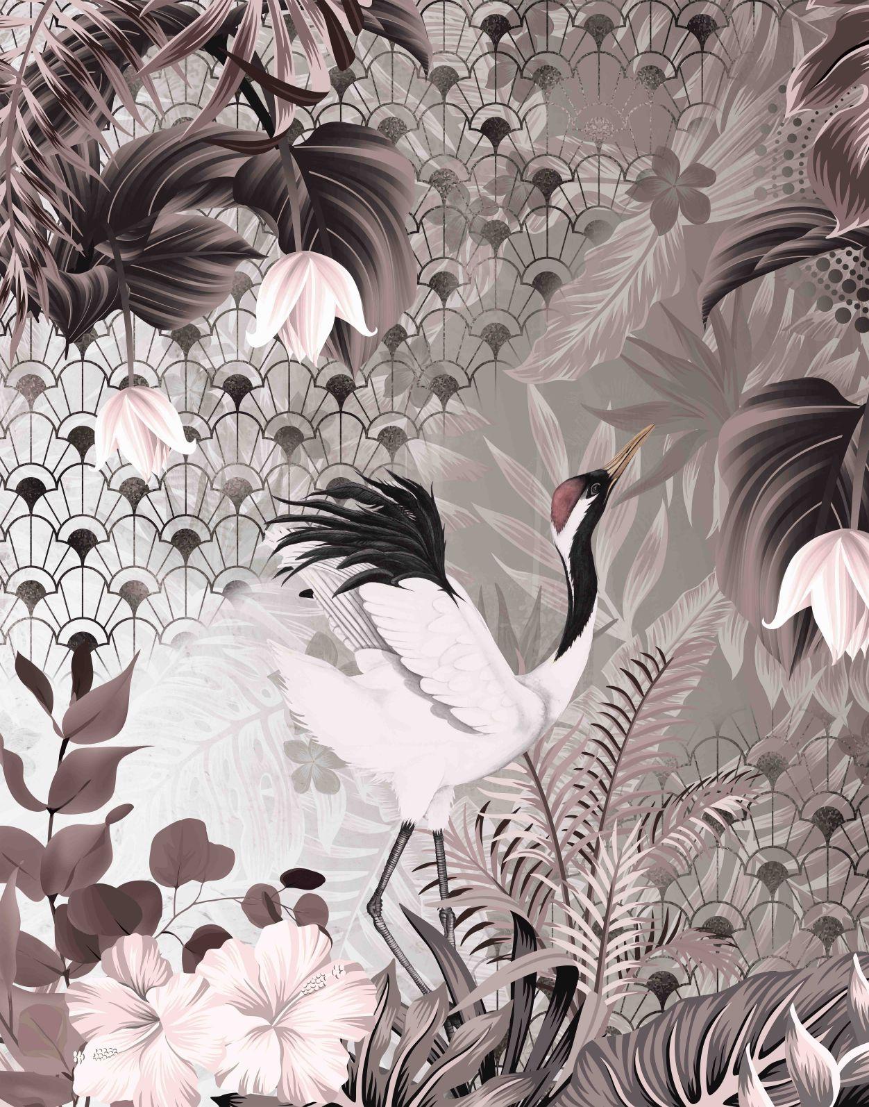 Fototapet Crane med art deco-mønster og blomster i gråsort 2,7 x 2,12 m