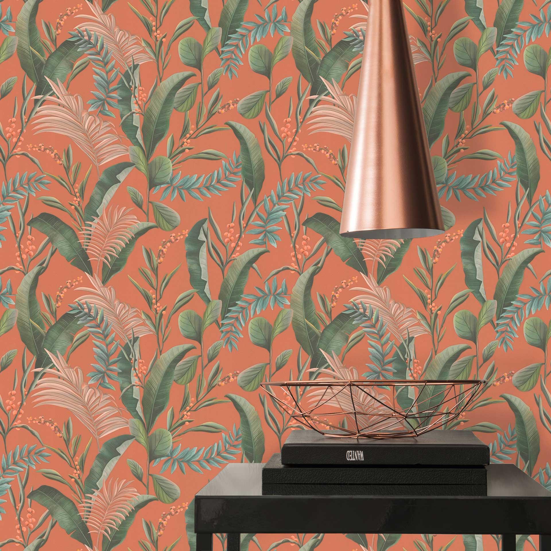 mønstret tapet med blade og græsser orange grøn - jungle non-woven tapet