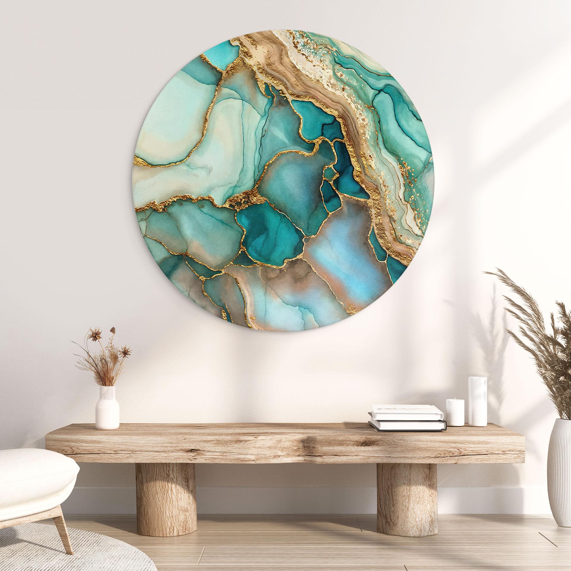 Wandbild Marmorierte Wellen in Türkis und Gold - Haase - Alu-Dibond Rund