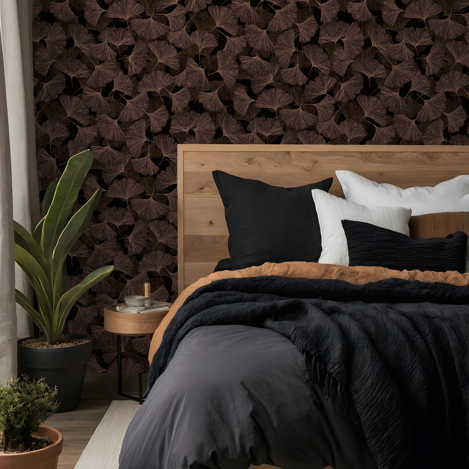 Vliesbehang 3D, bladeren bloem natuur mat in bruin