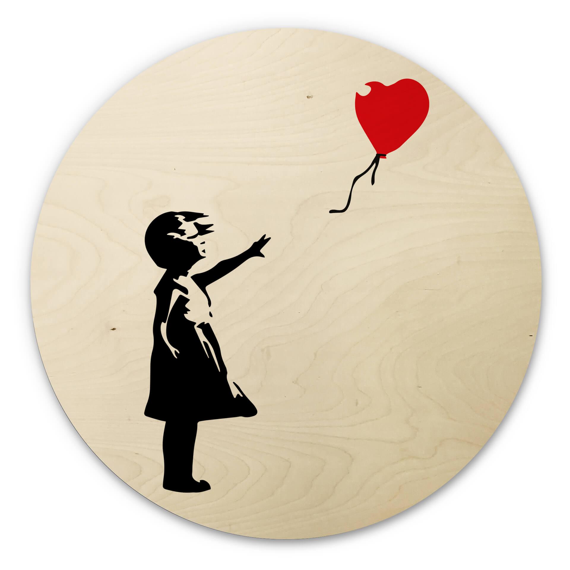 Træbillede - Rund - Banksy - Girl with red balloon
