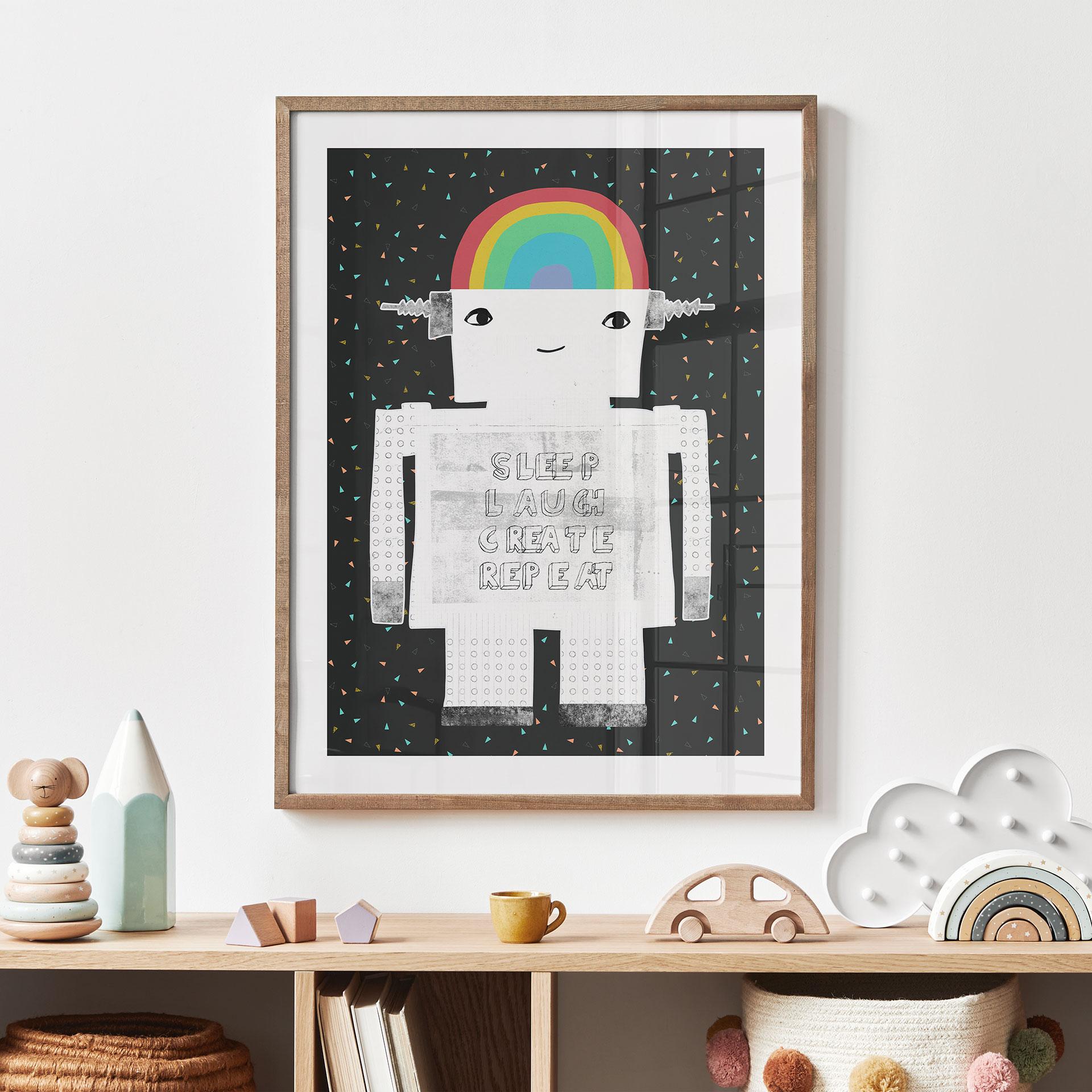 Plakat dla dzieci - Tęczowy robot Śpij Śmiej się Twórz - Treechild