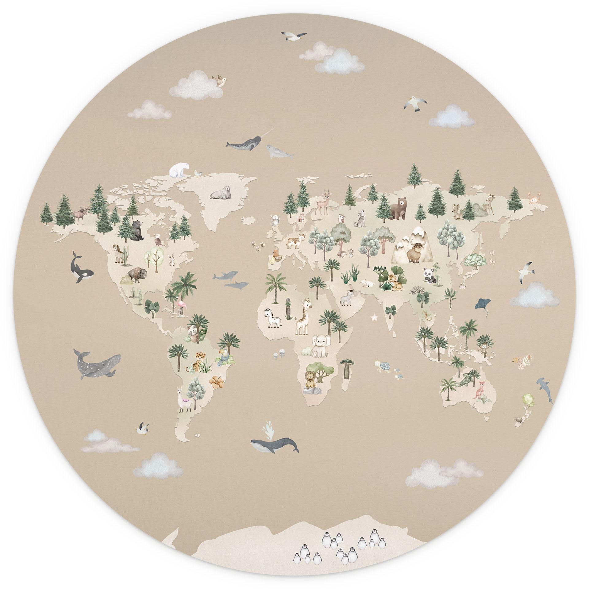 Kinderkamer Behangcirkel Wereldkaart - Wereld van de Dieren - Oliver Robins