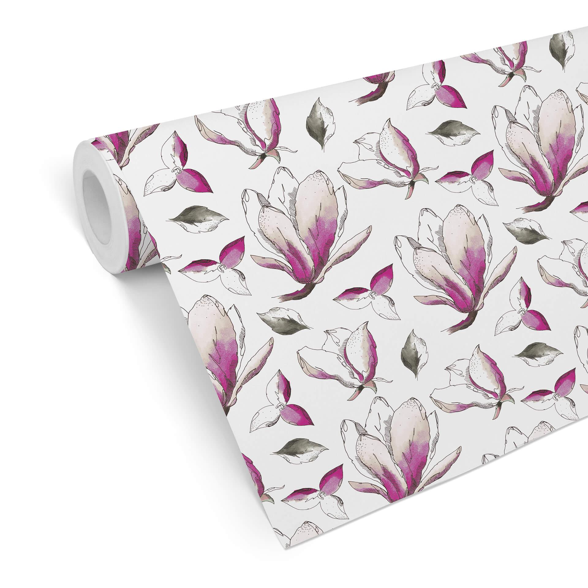Tapet med mønster - illustrerede blomster - pink