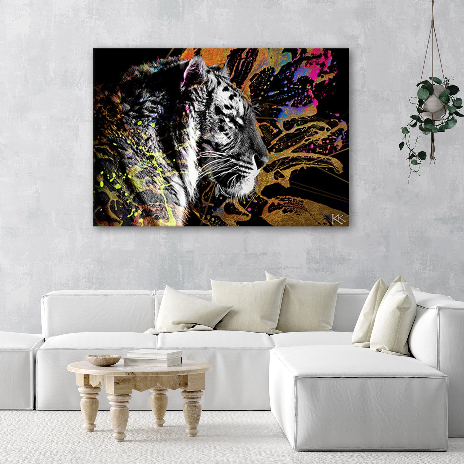 Canvasbillede, Tiger på farverig baggrund
