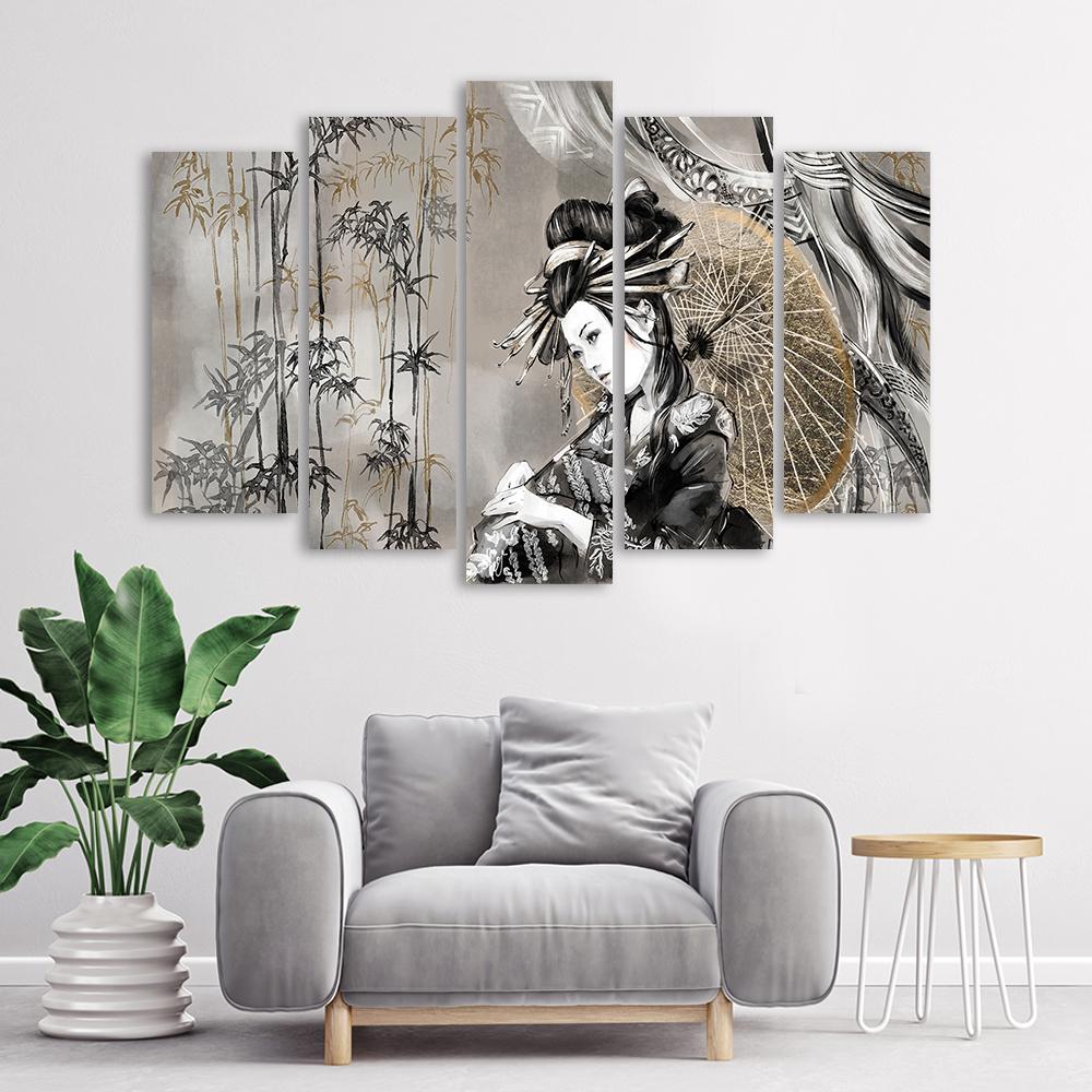 Lærred print 5 dele, geisha og bambus