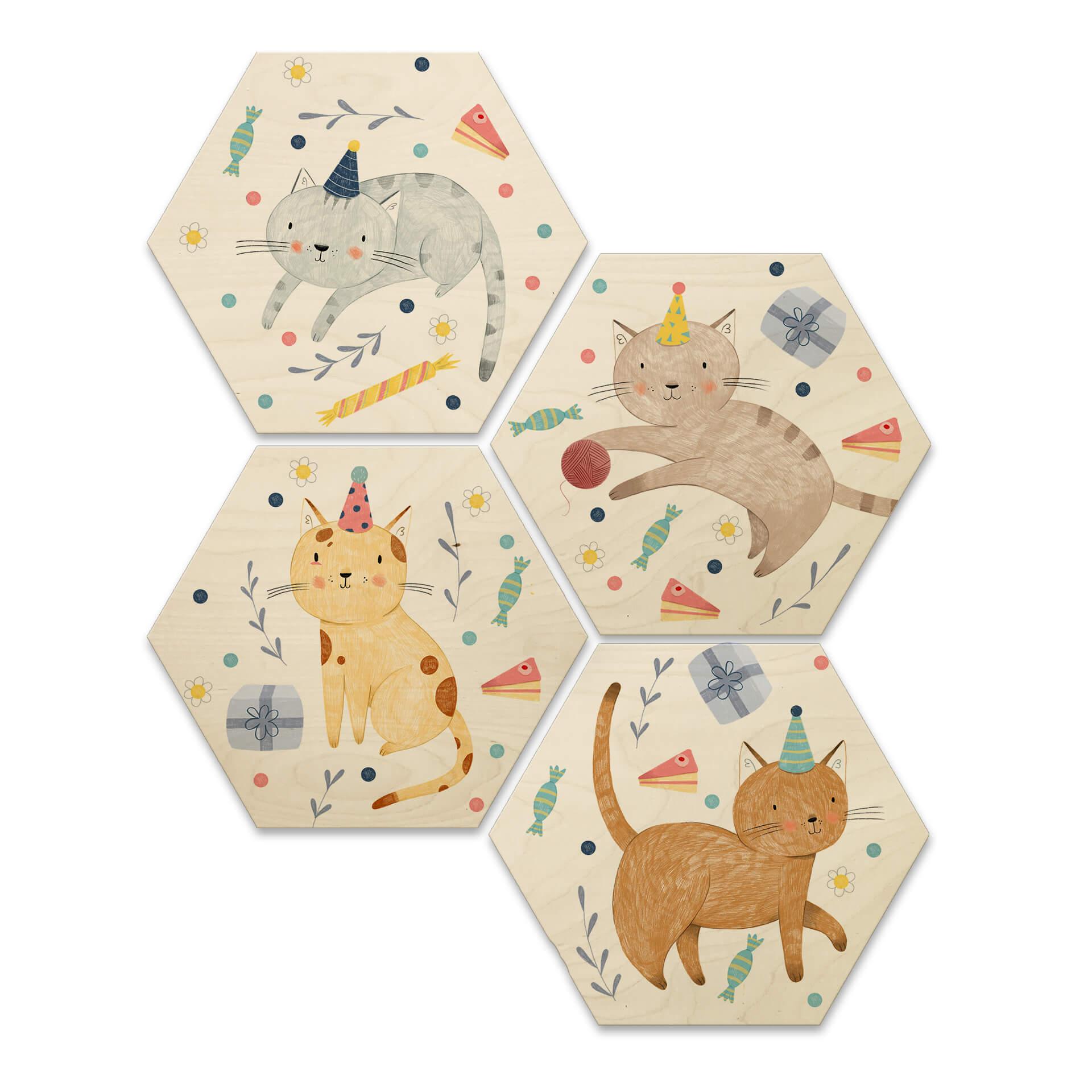 Hexagon - Holz Birke-Furnier Loske - Katzengeburtstag (4er Set) - 25x22 cm