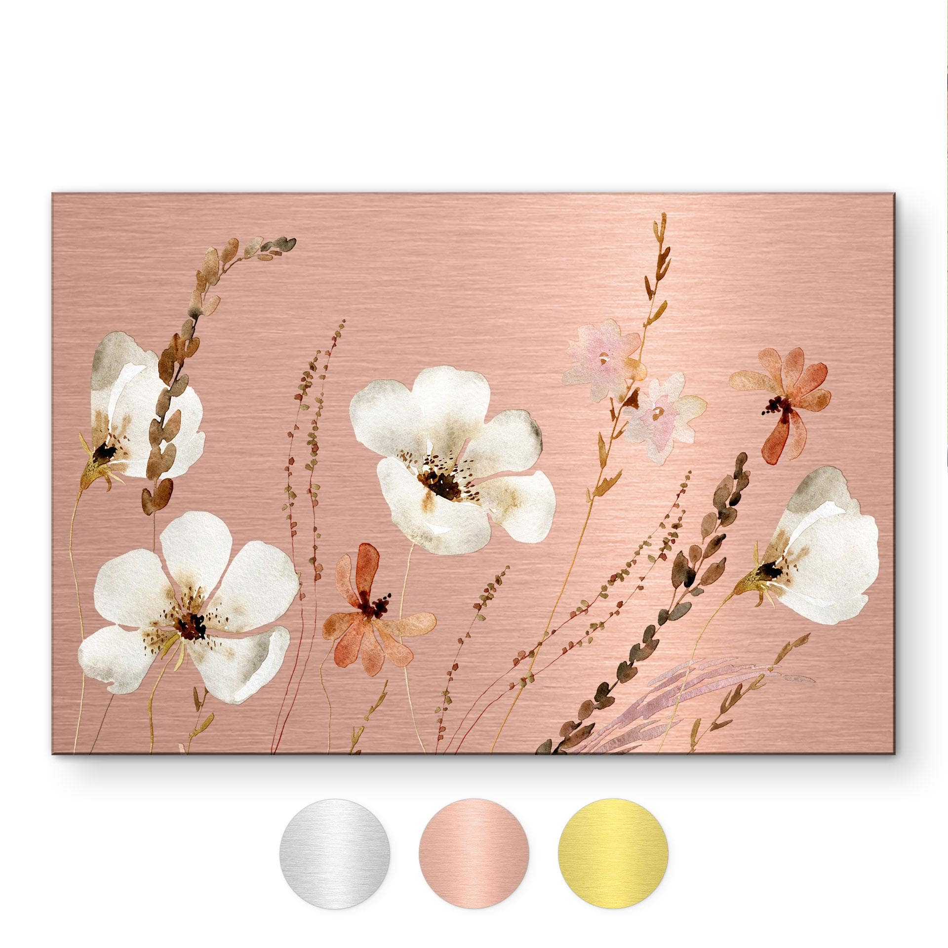 Geborsteld Alu-Dibond met goud-, zilver- & kopereffect - Tere aquarelbloemen