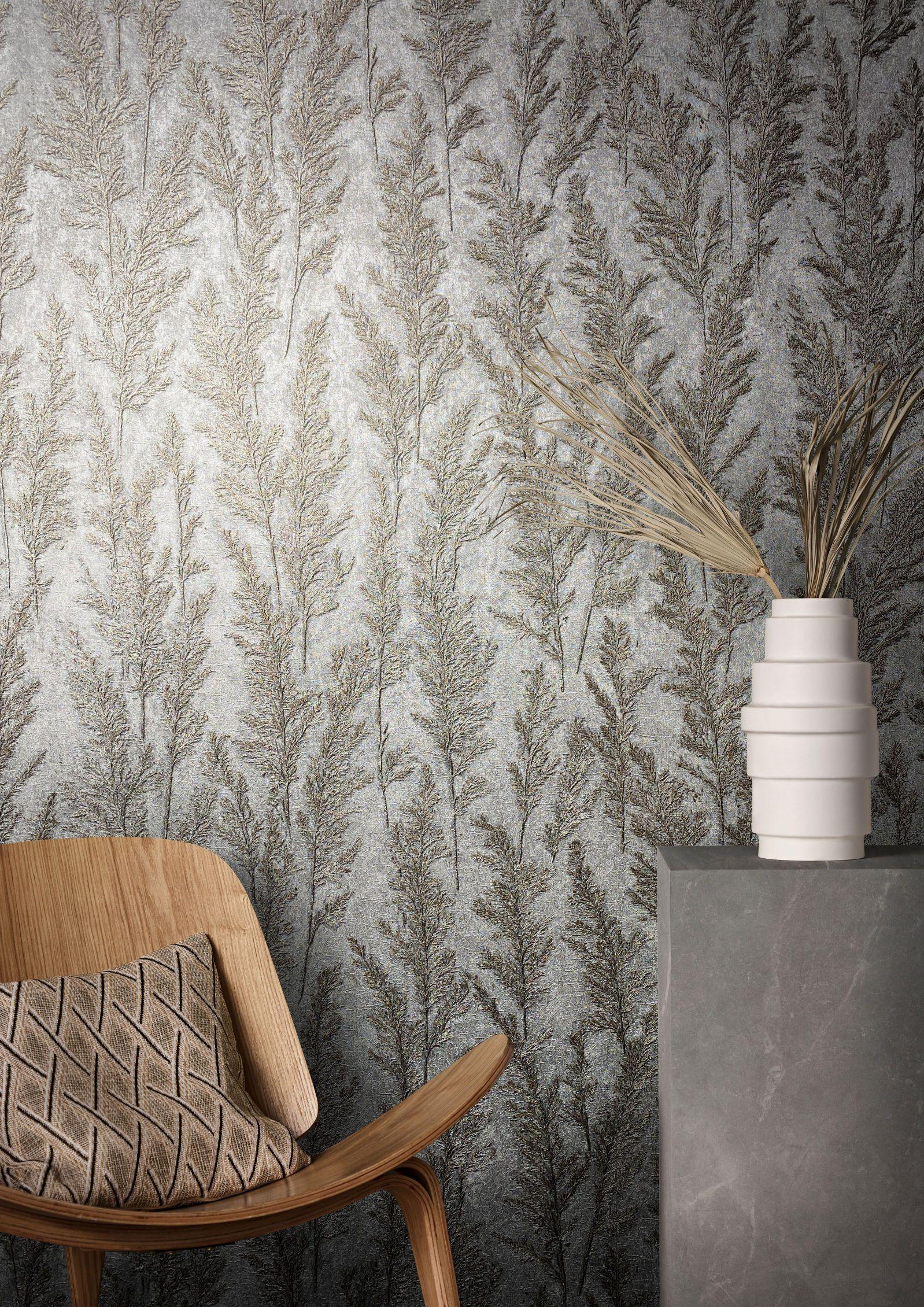 behangpapier met bloemen en vlies Natural Opulence in zilver