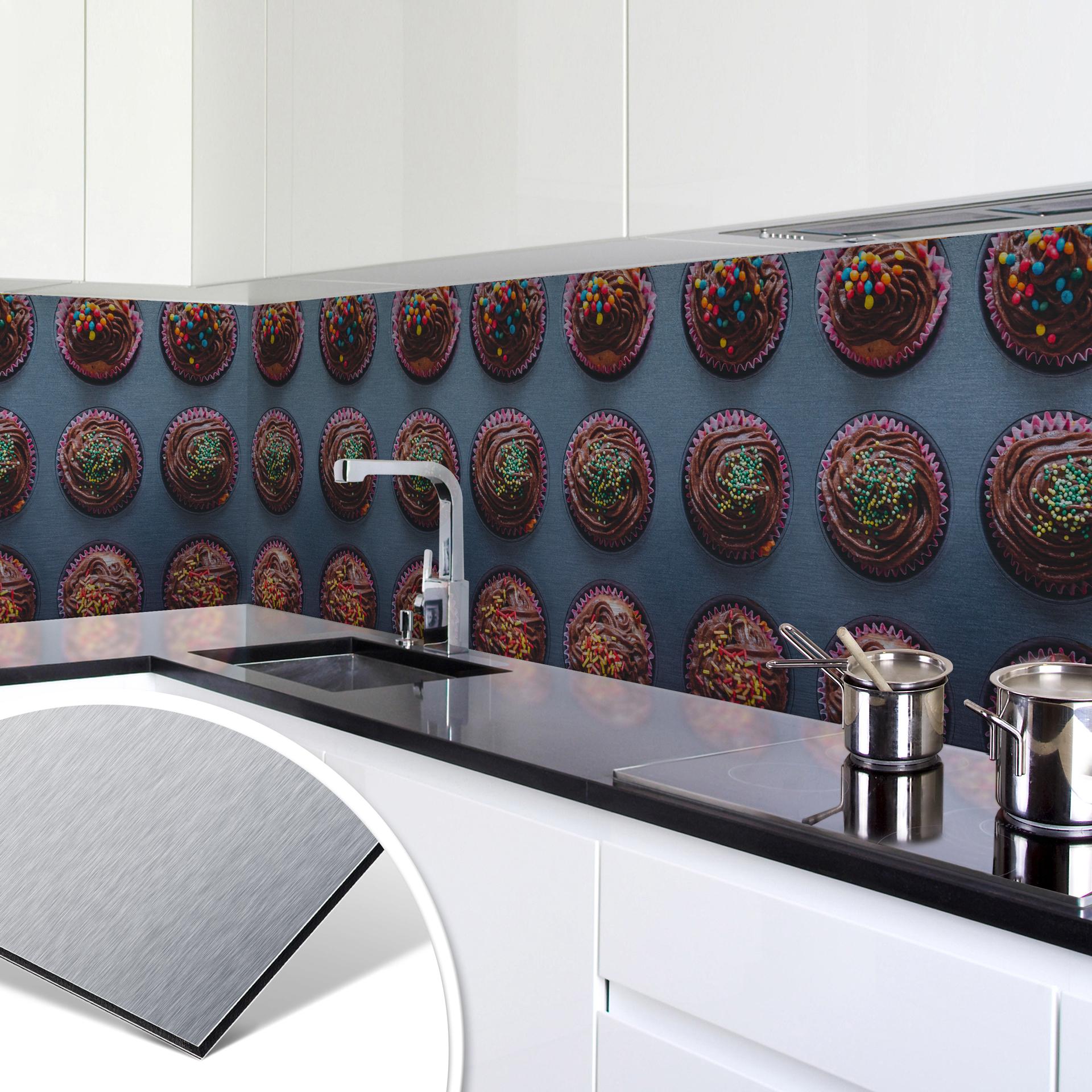 Revêtement pour cuisine - Alu-Dibond - Muffins pour anniversaire - Argenté