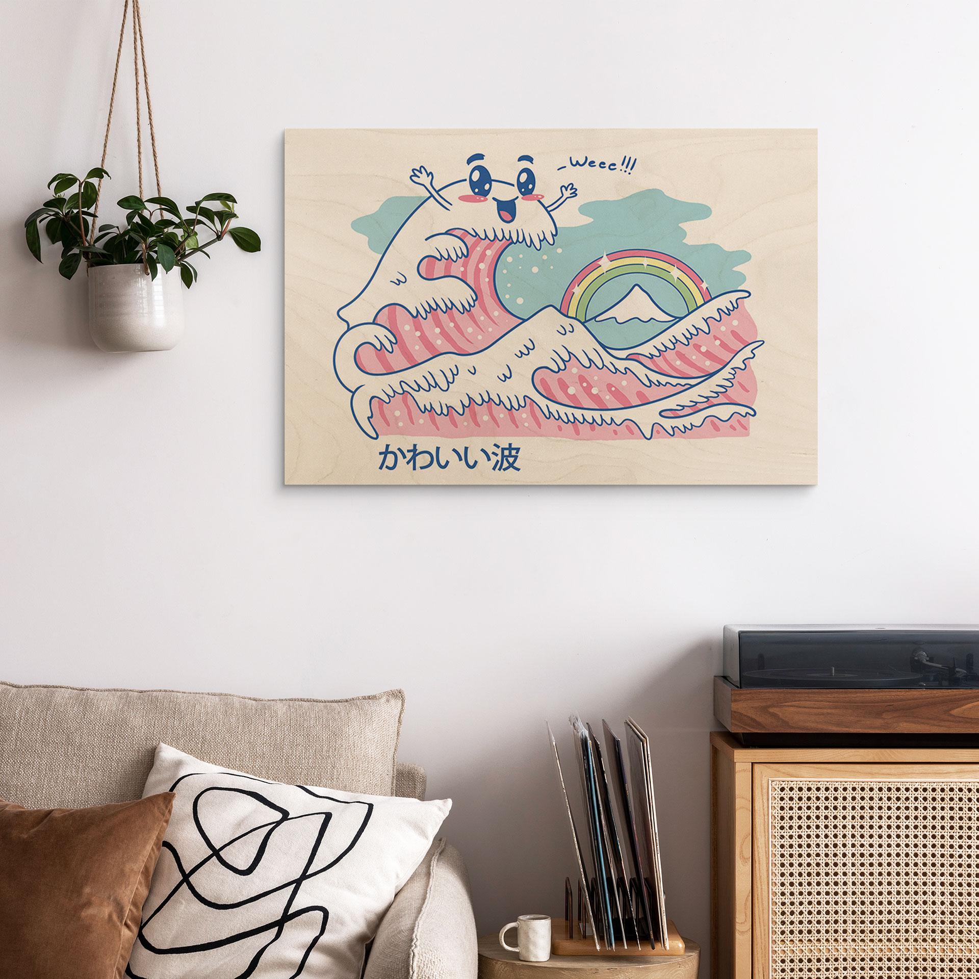 Træplakat Kawaii-bølge med regnbue og Fuji-bjerget
