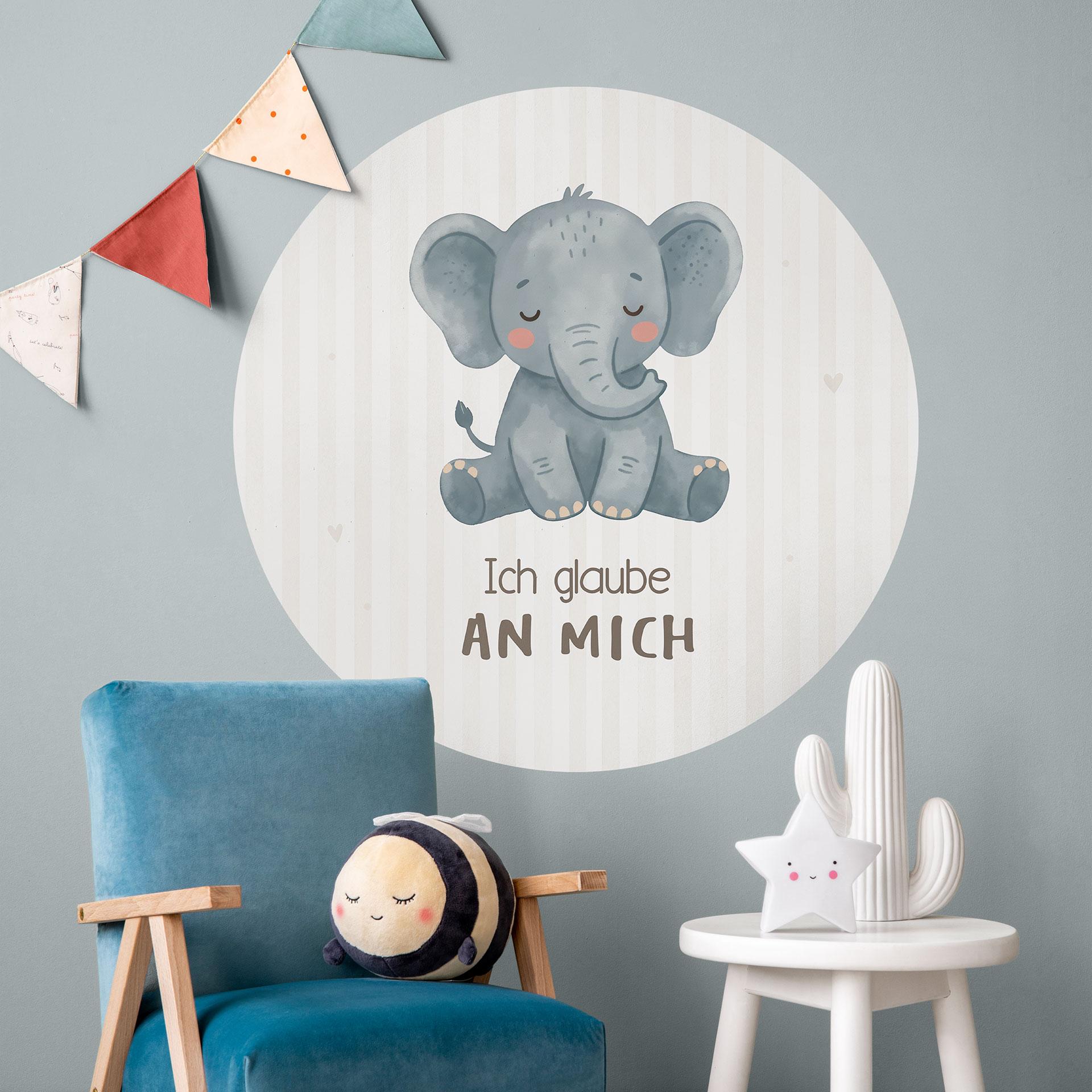 Rundes Wandtattoo mit Elefant - Kraftsatz 'Ich glaube an mich' fürs Kinderzimmer