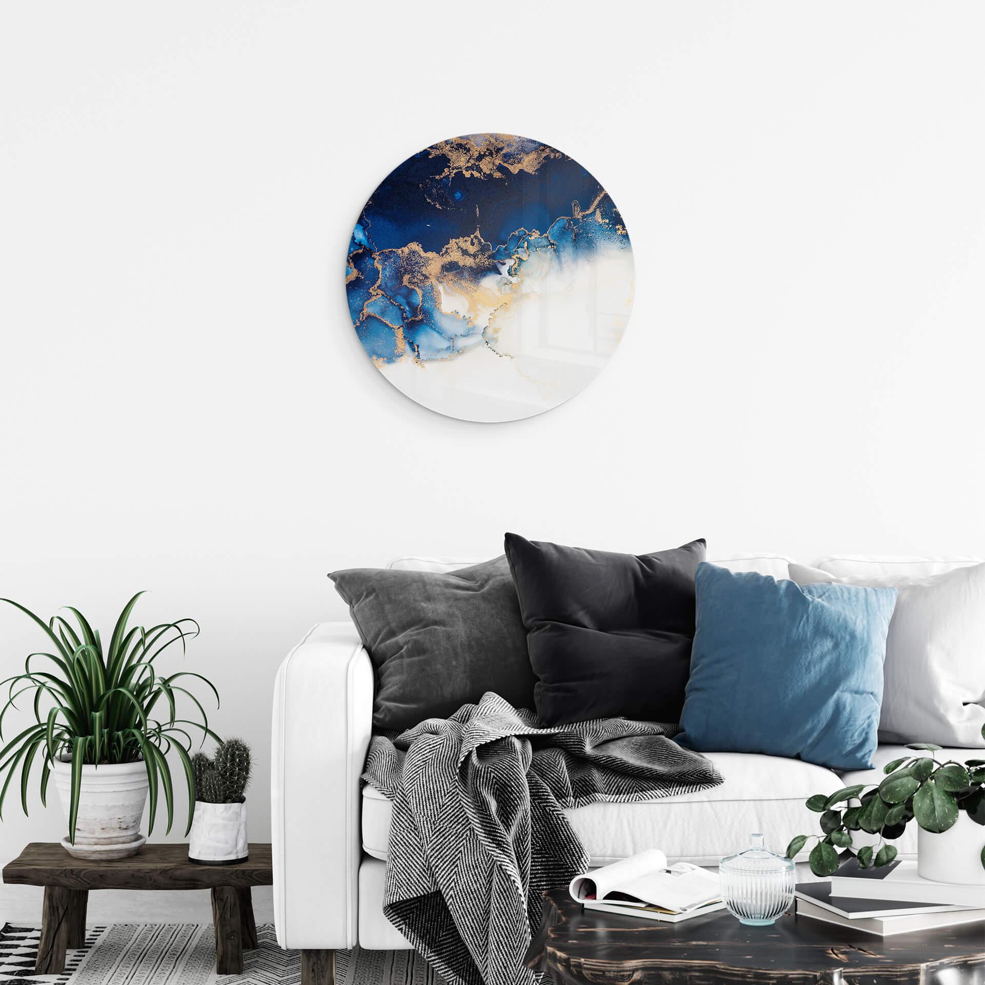 Glasschilderij rond Abstract Marmer Blauw en Goud