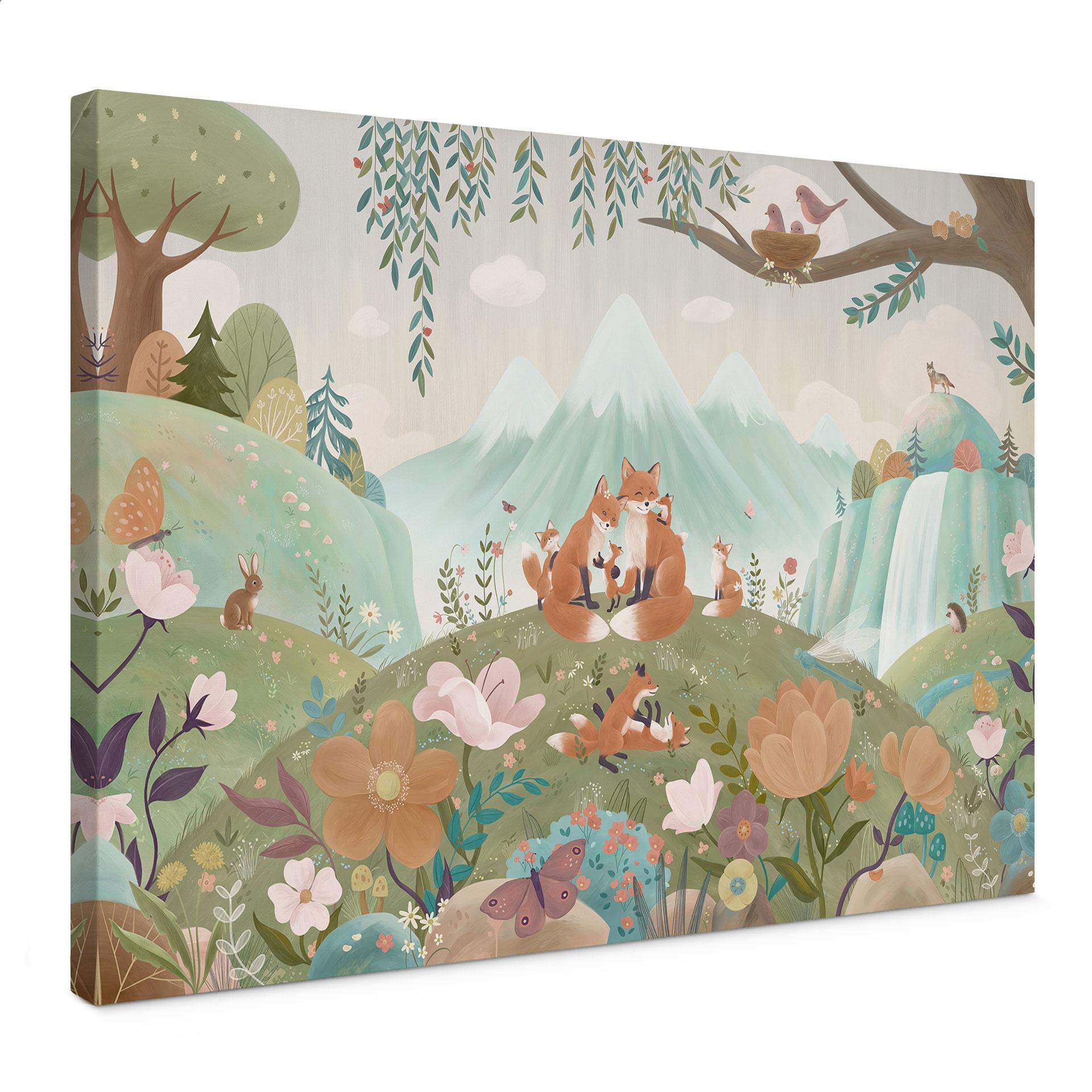 Canvas Schilderij Vossenfamilie op de Bloemenweide - Oliver Robins