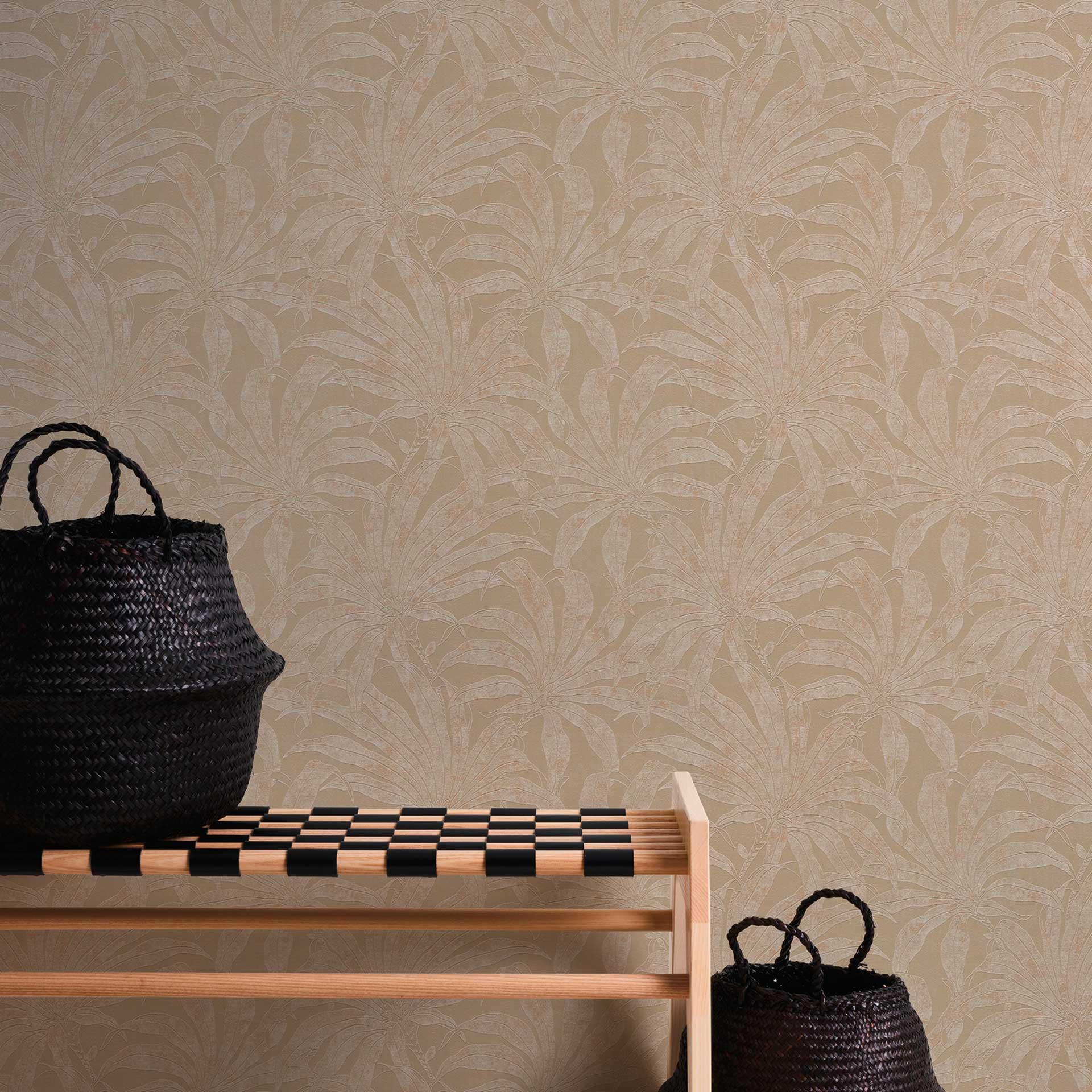 plantetapet lys blank grå guld - mønstret tapet med jungledesign