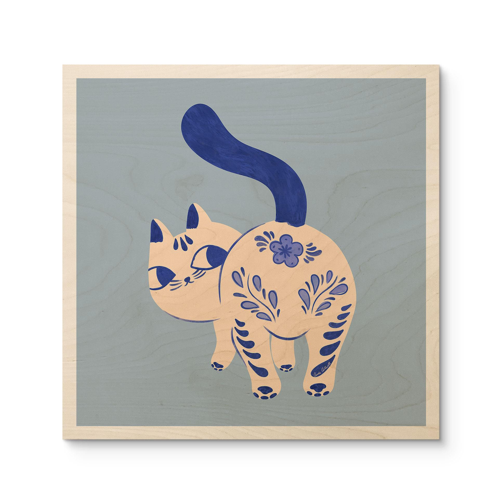Holzbild Porzellan Katze Delfter Blau - Cantwell - Quadratisch
