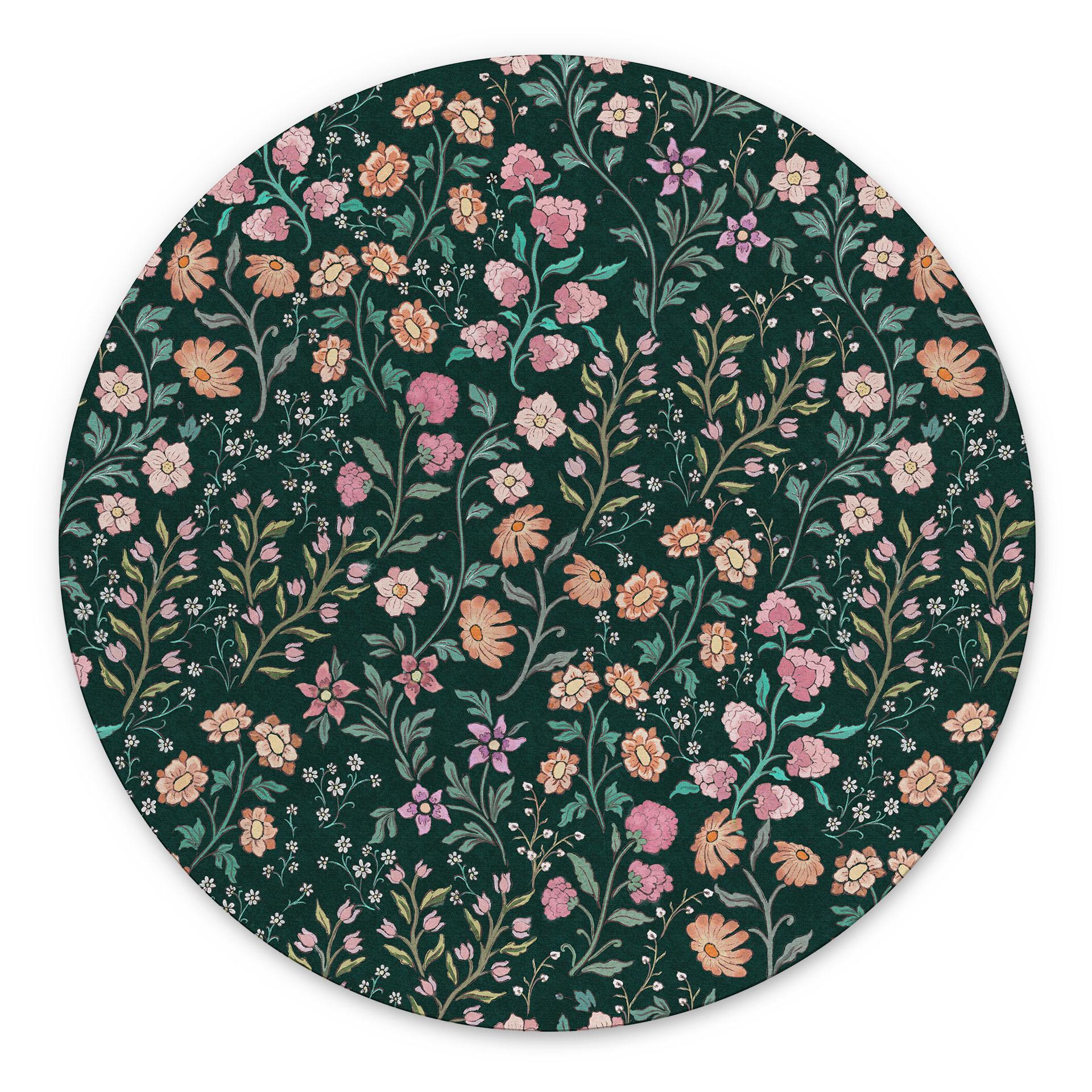 Billede af engblomster vintage - Mørkegrøn - Blomsterdekoration - rund – print på aluminium