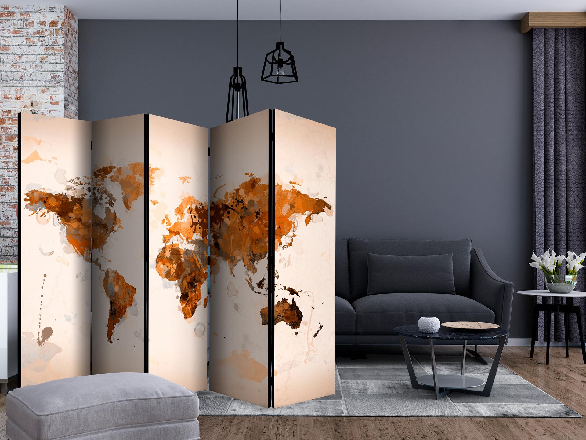 Schermo divisorio - Mappa del mondo - Il mondo nei toni del marrone , 5 pezzi - 225x172 cm