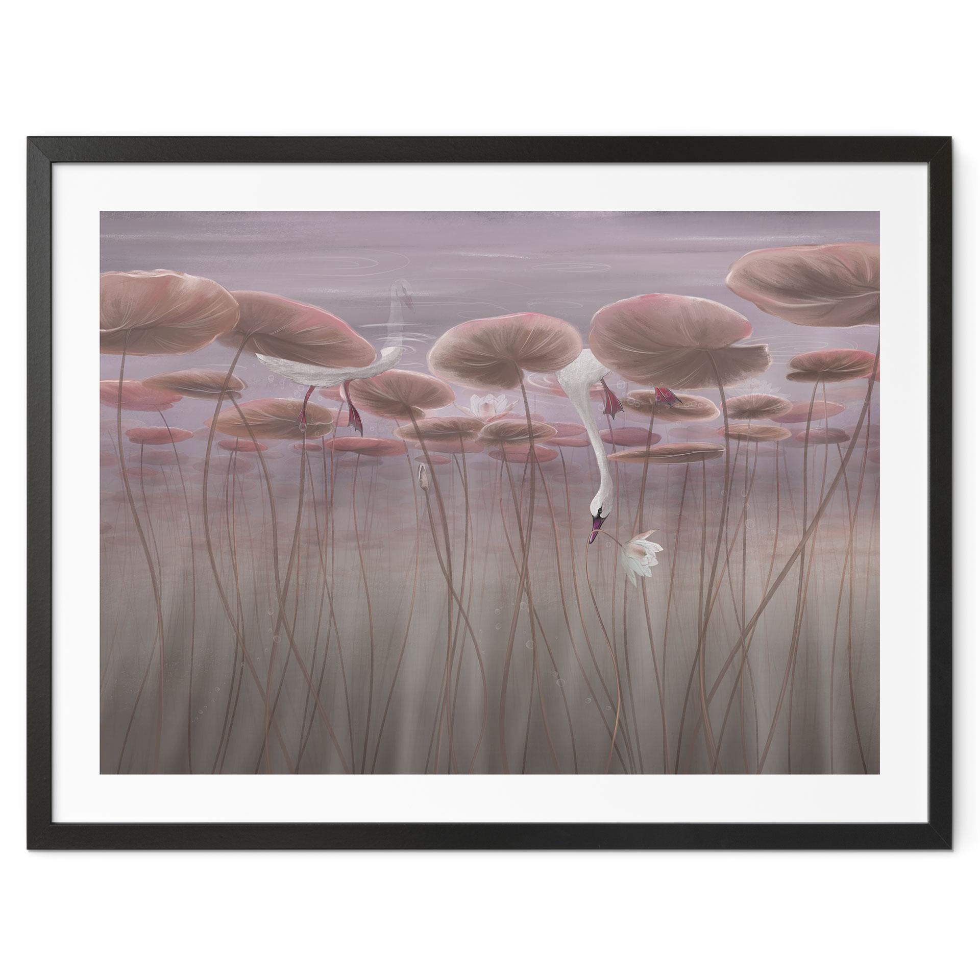 Poster Lotusblumen mit Schwan im Wasser in Altrosa - Ms Tiff
