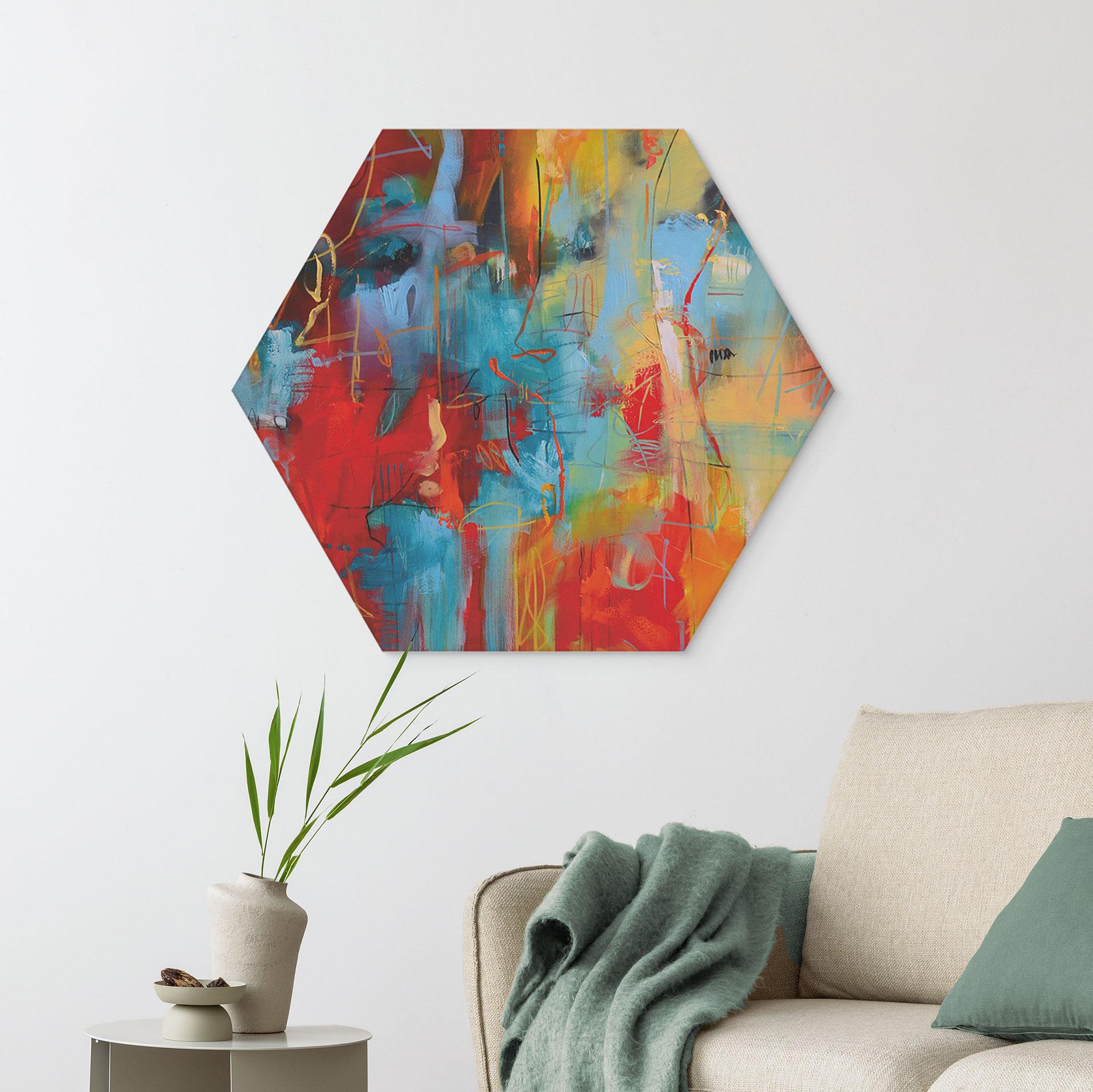 Hexagon Wandbild Farbenfrohes Chaos - Fedrau - Alu-Dibond