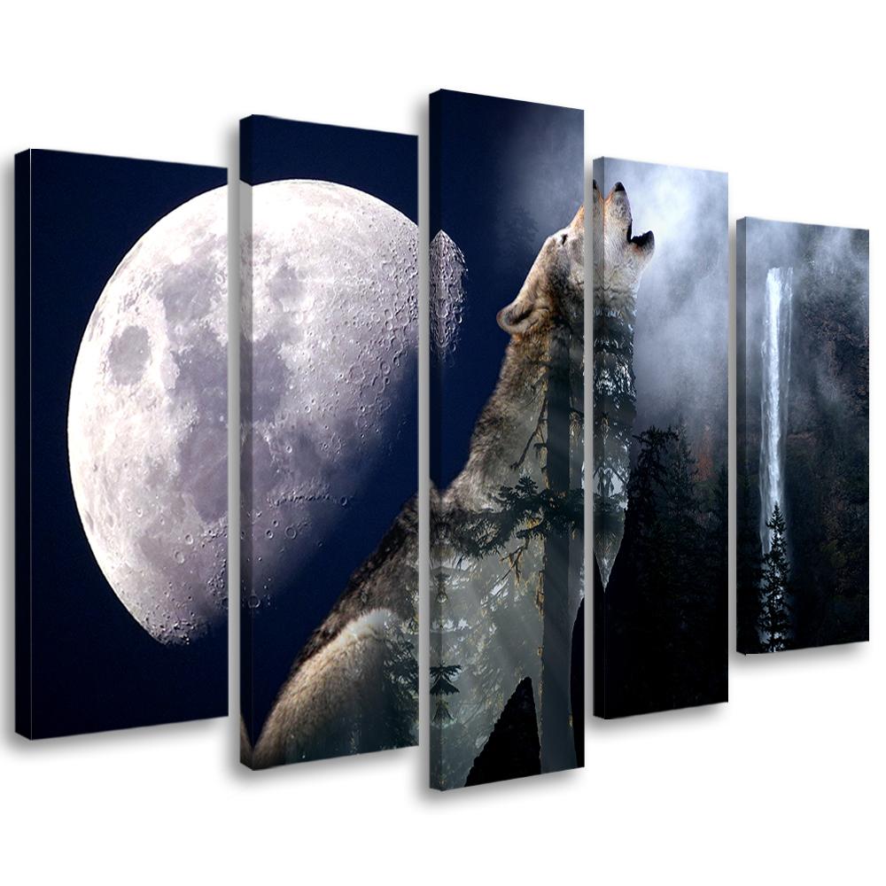 5 stykke lærredsprint, Wolf Nature Moon Fog