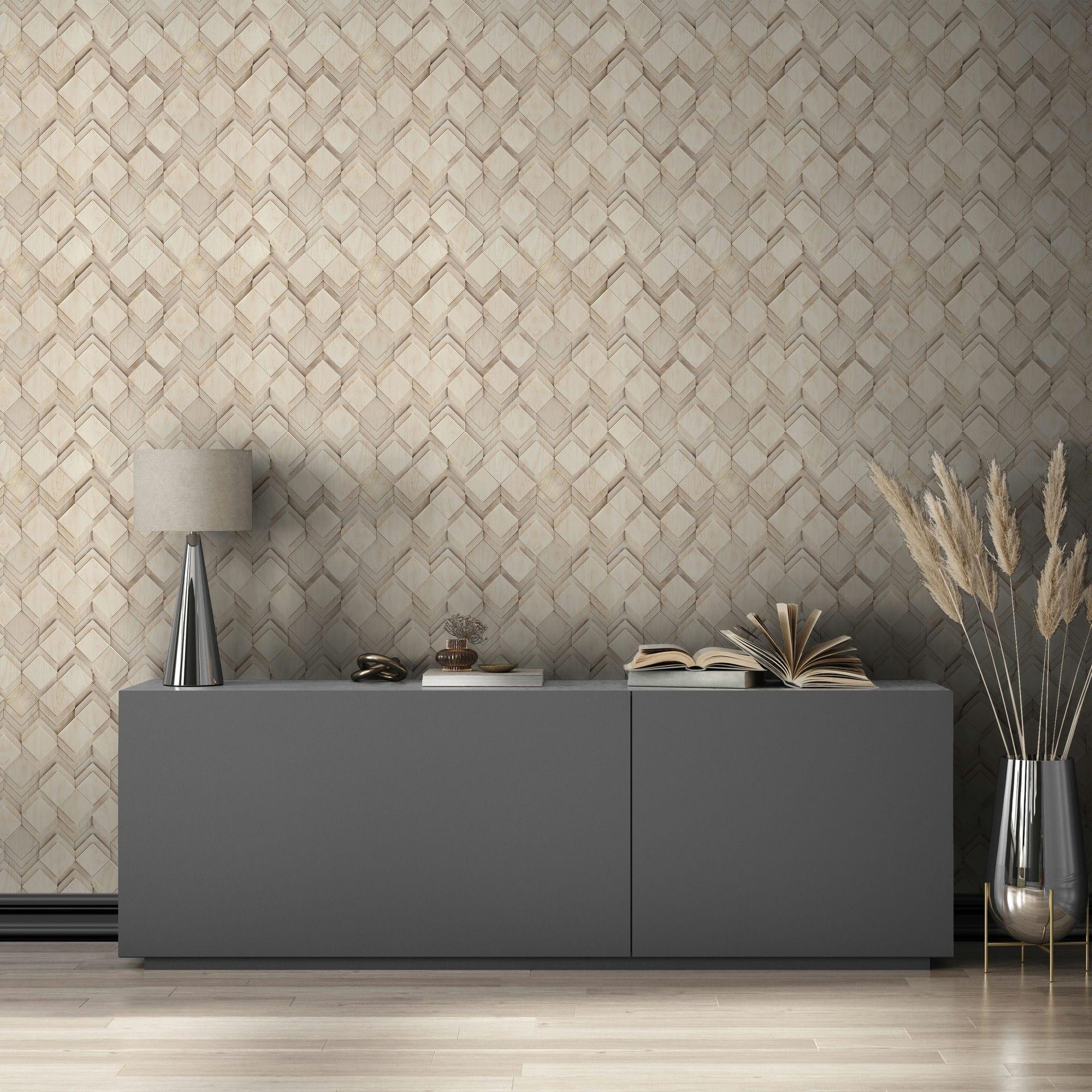 Ikke-vævet tapet i beige, grå rombe-illusion 3D-look moderne
