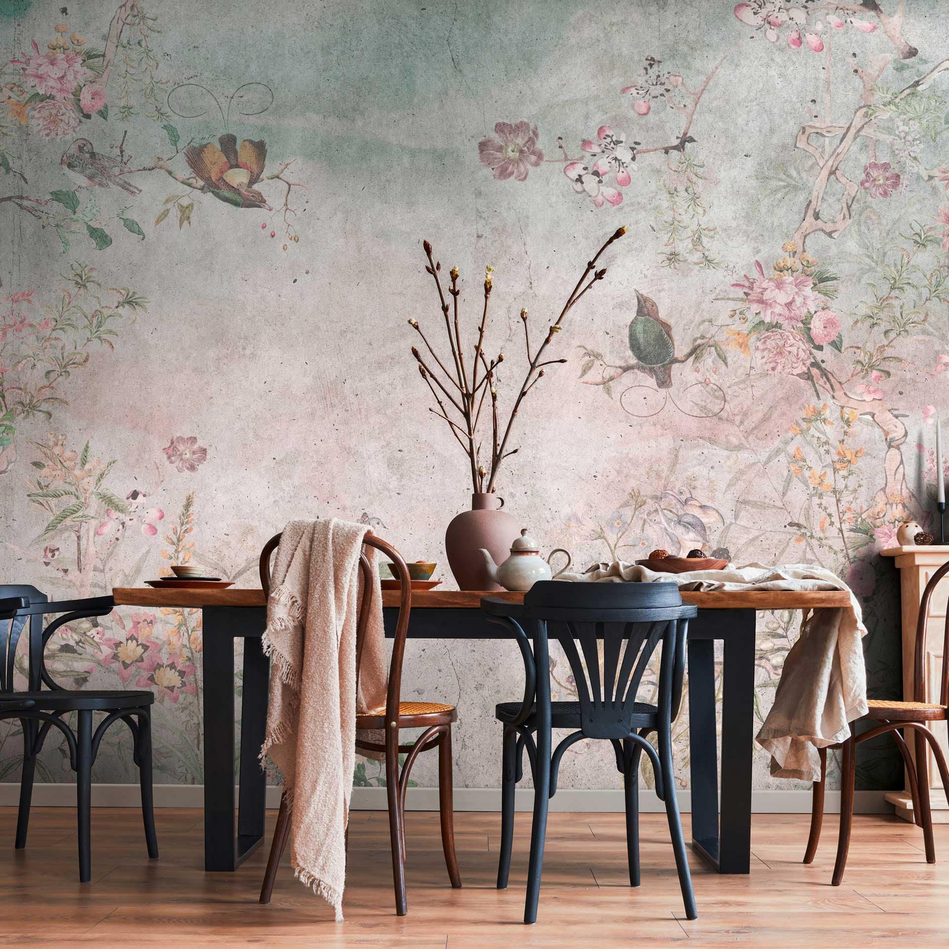 Vintage blomster og fugle tapet - nonwoven tapet med naturmotiver i pastelfarver - romantisk