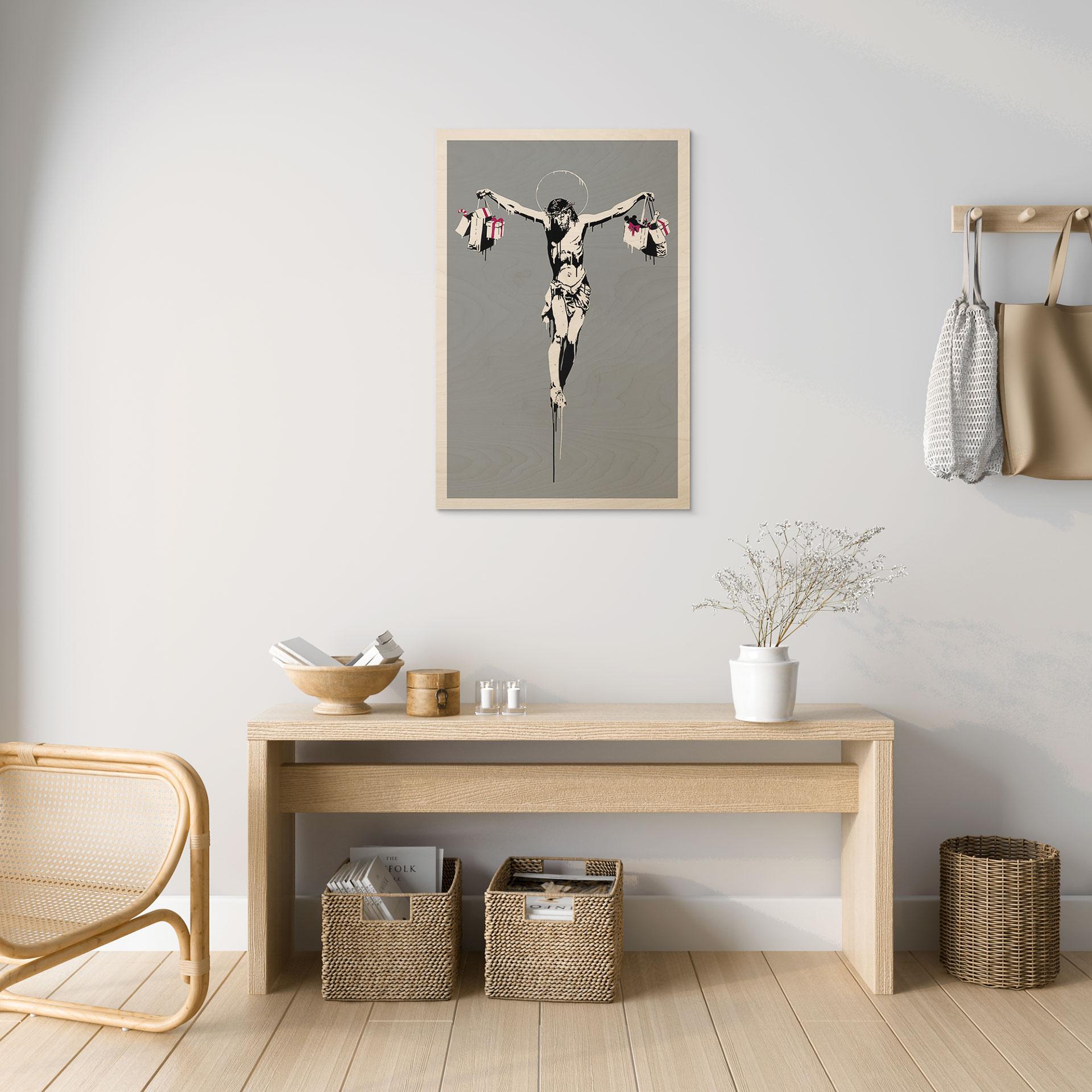 Banksy Billede af træ - Jesus Kristus med indkøbsposer