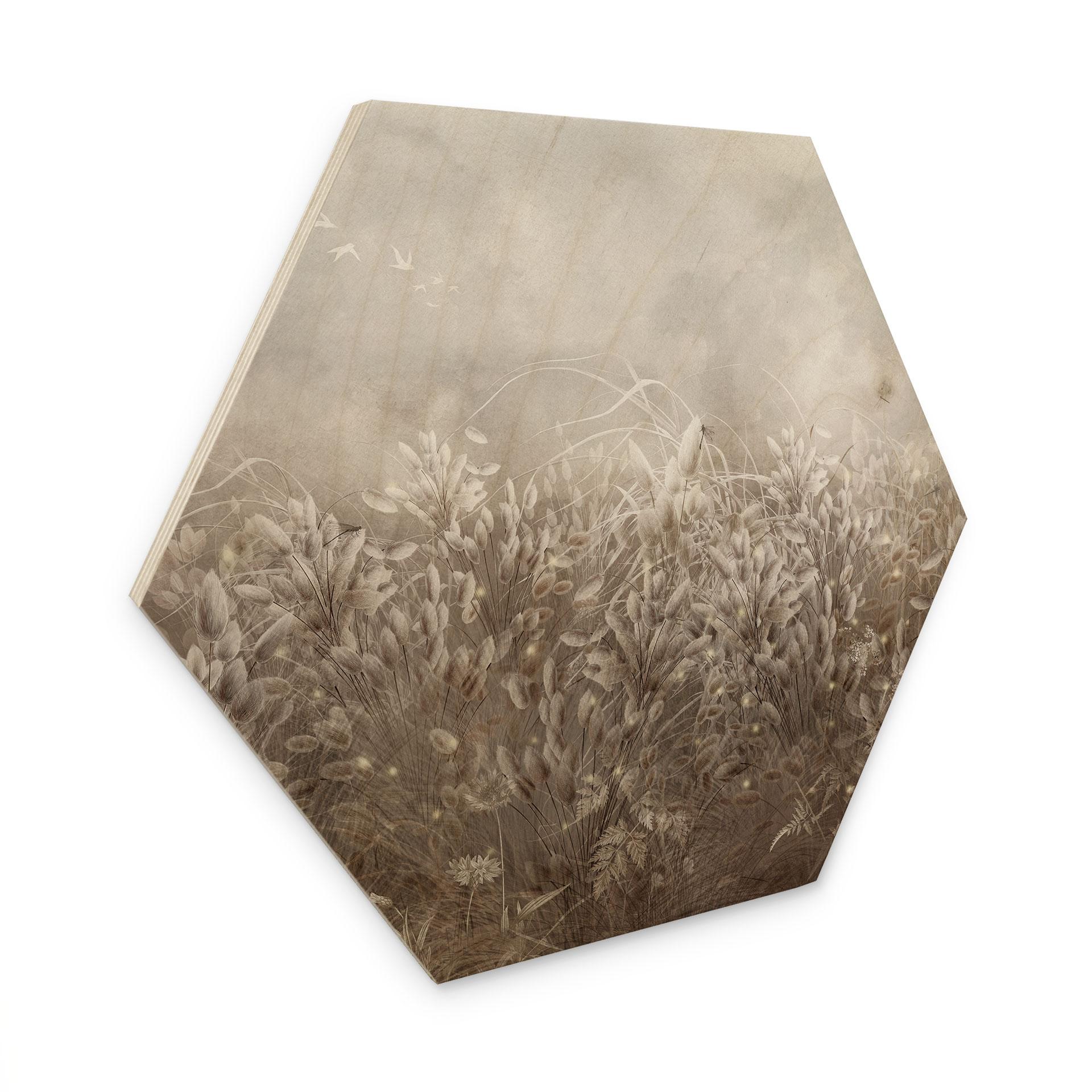 Houten Wanddecoratie zeshoekig pampagras en grassen in beige - Ms Tiff