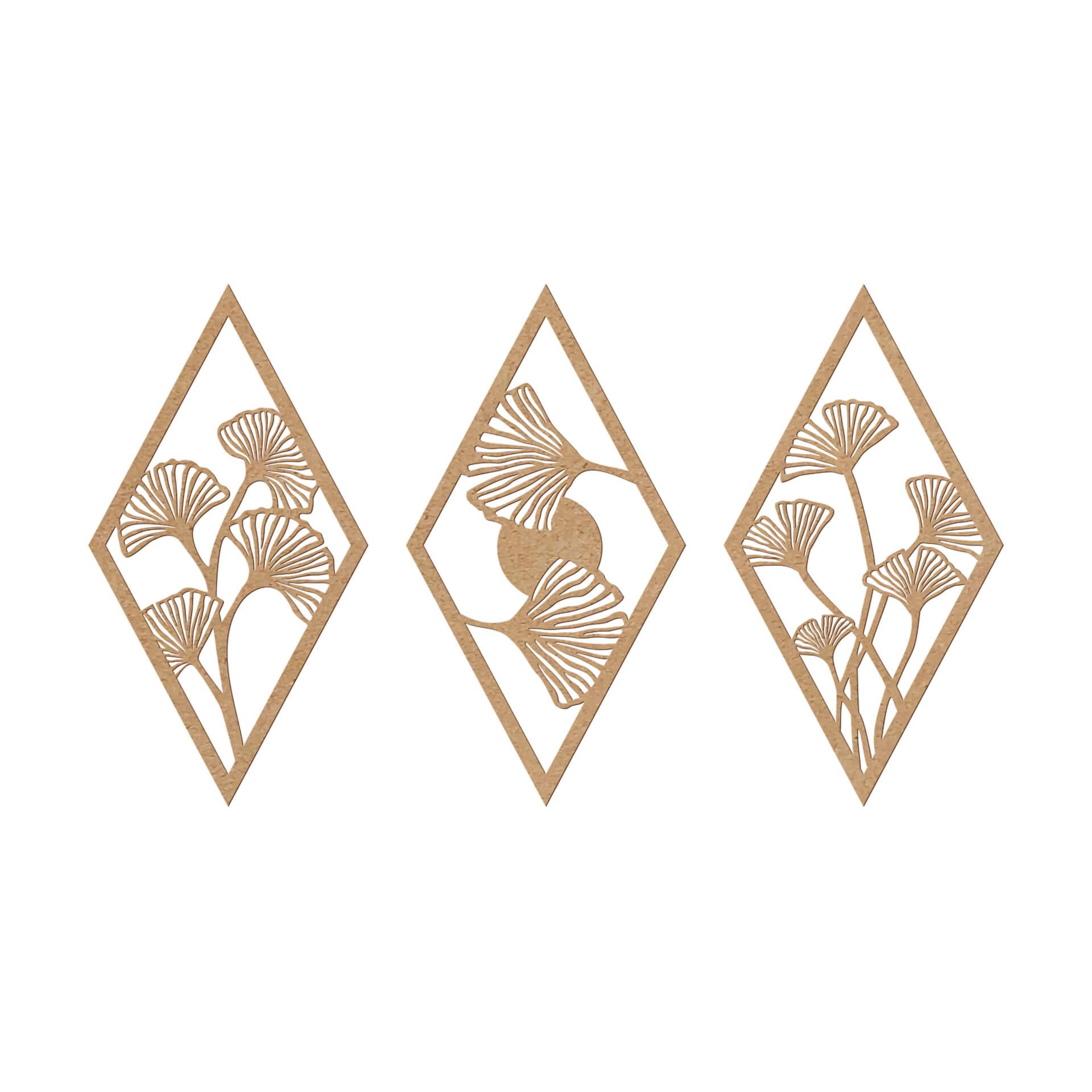 Decoración en madera Juego de hojas de Ginkgo - forma de diamante - MDF naturaleza (3 piezas)