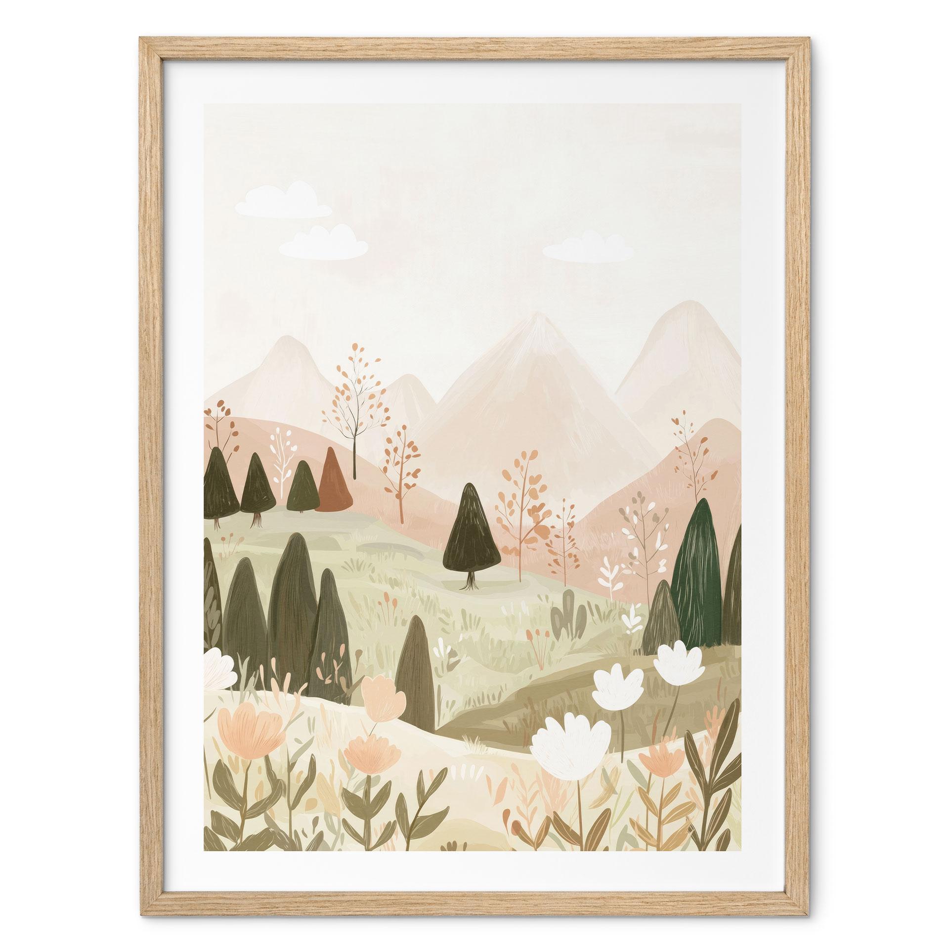 Poster pastellfärgat bergslandskap med blommor - Treechild