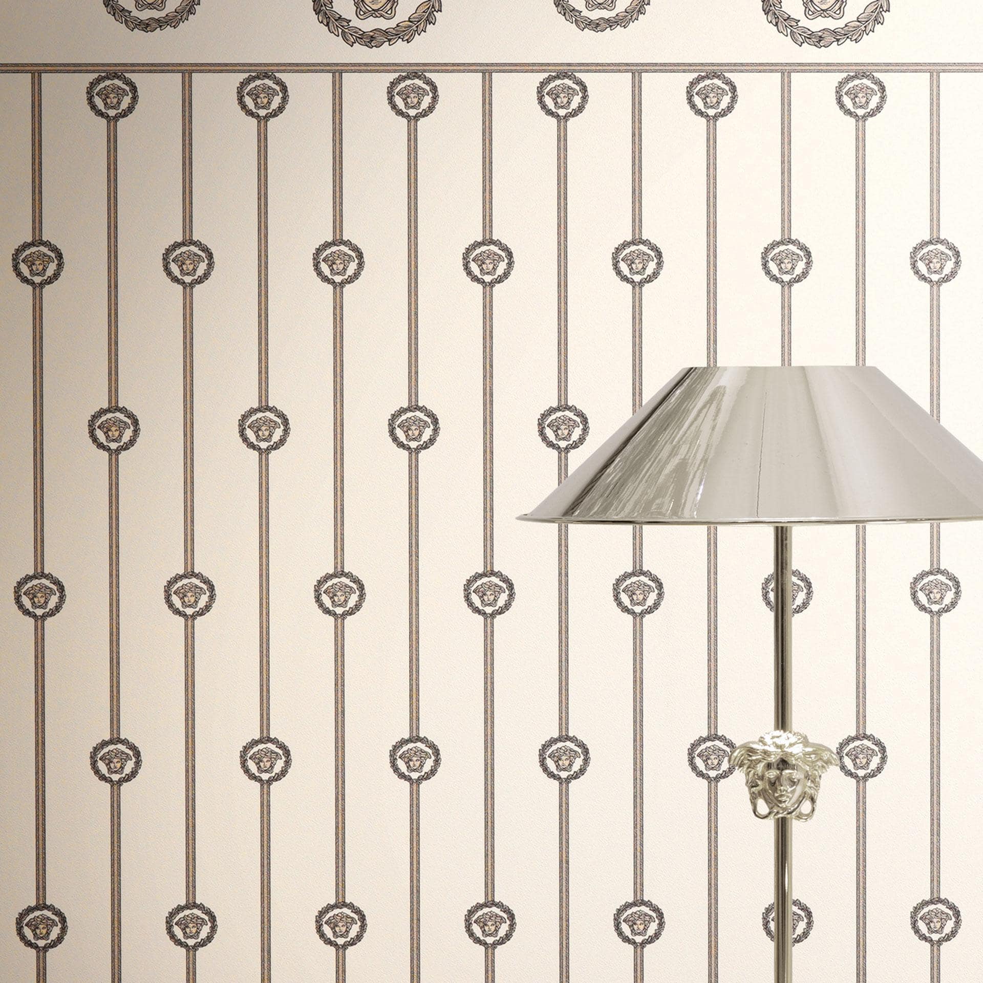 Versace ikke-vævet tapet base border medusahoved hvid beige metallic
