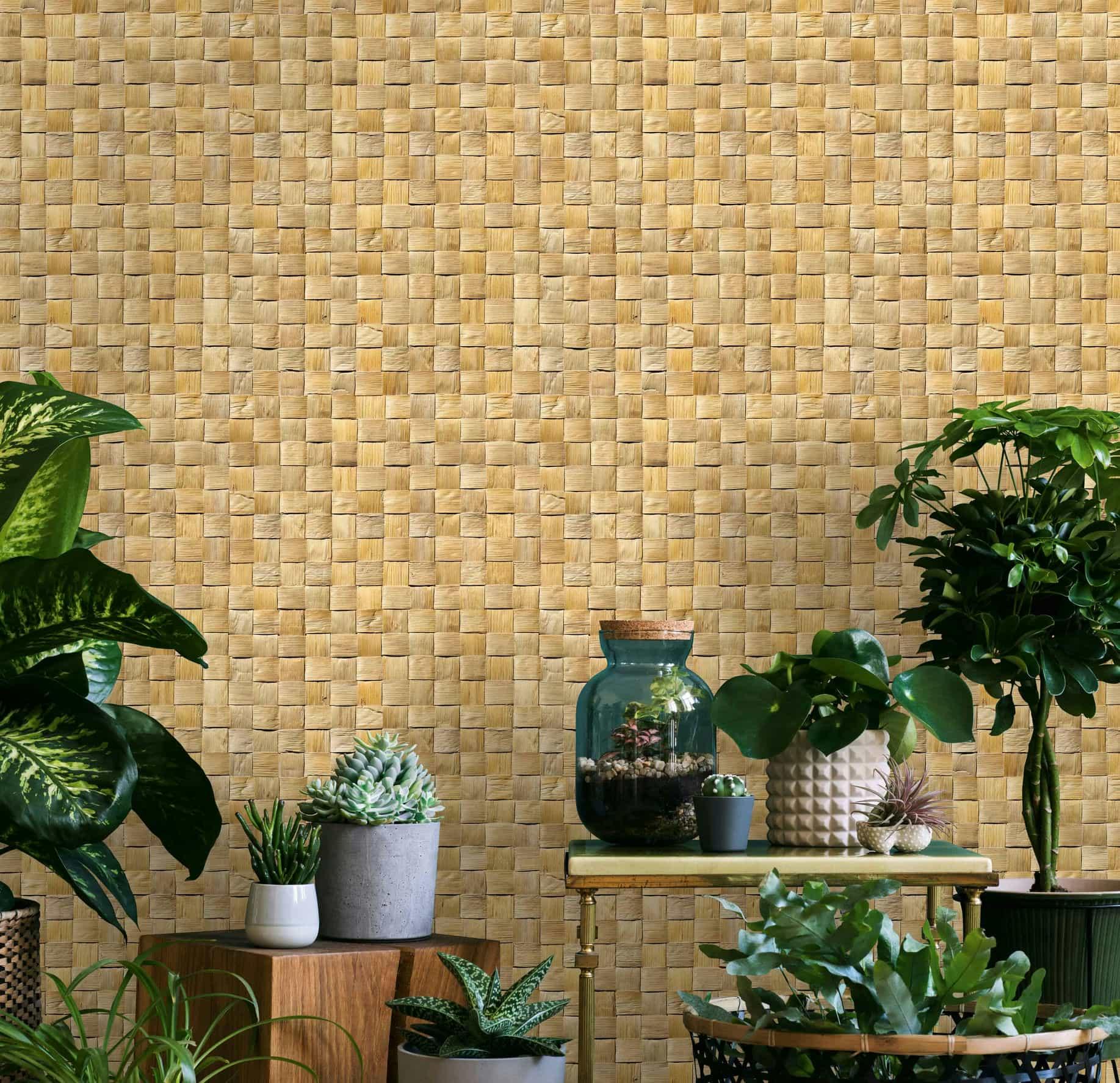 vliesbehang in 3D geweven houtlook beige 3D look