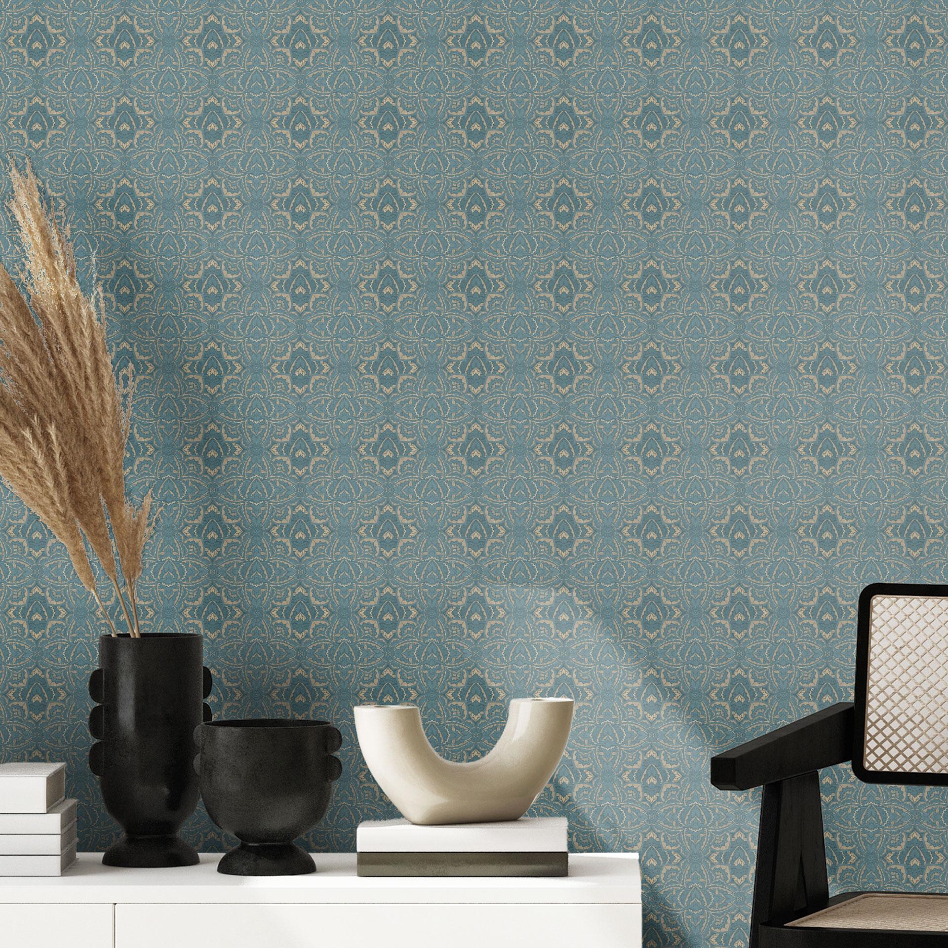 Vintage mandala Patroonbehang in turkoois goud - Bloomery Decor