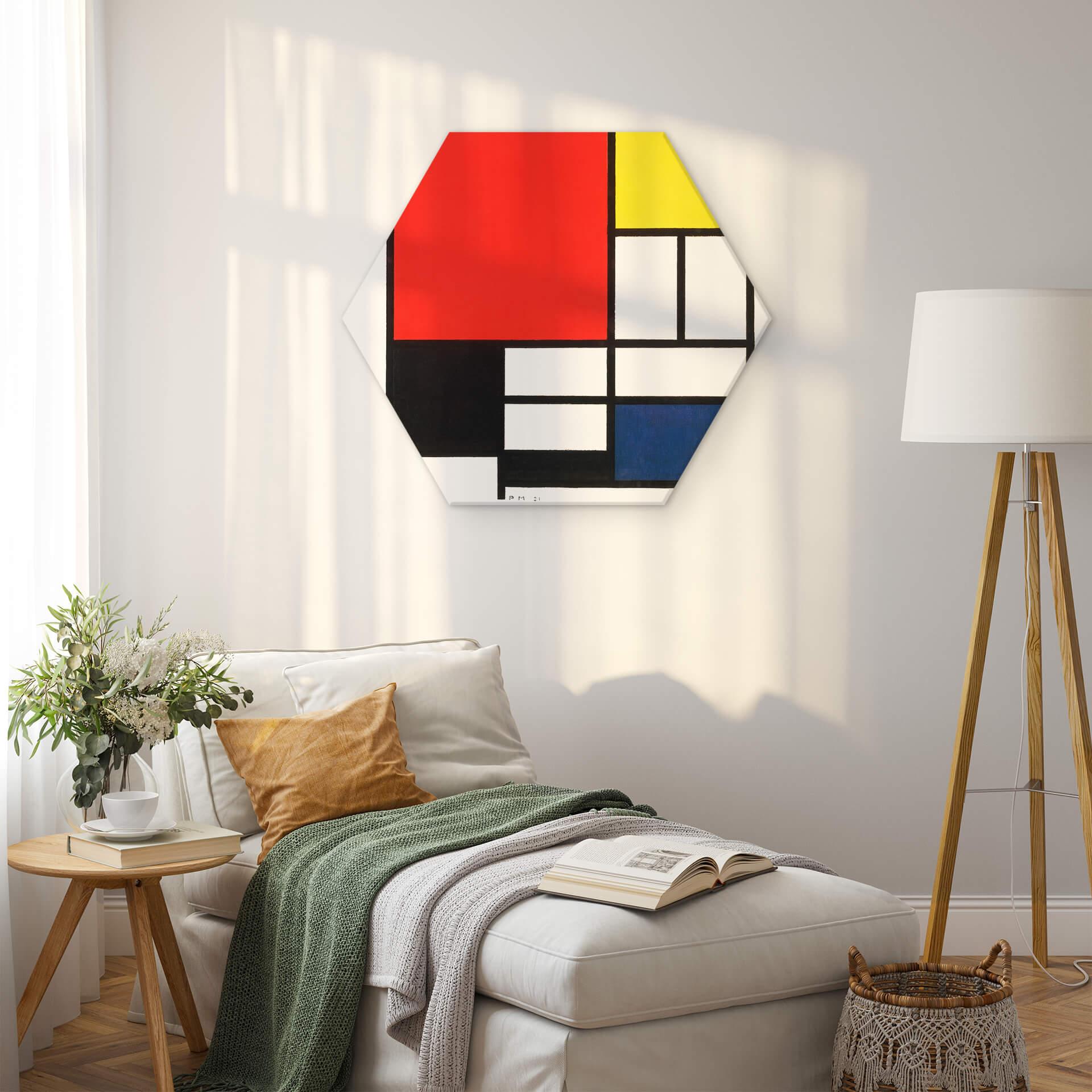 Hexagon - Alu-Dibond Mondrian - Komposition mit Rot Gelb Blau und Schwarz