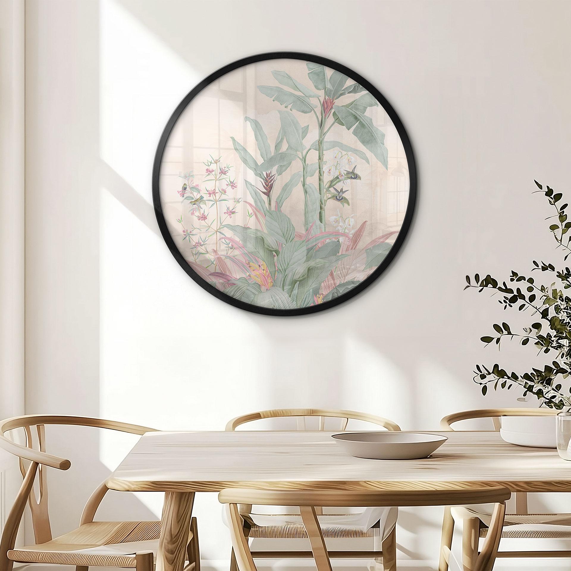 Plakat Tropical Idyll med kolibri Abrikos - Blomsterdekoration - Rund